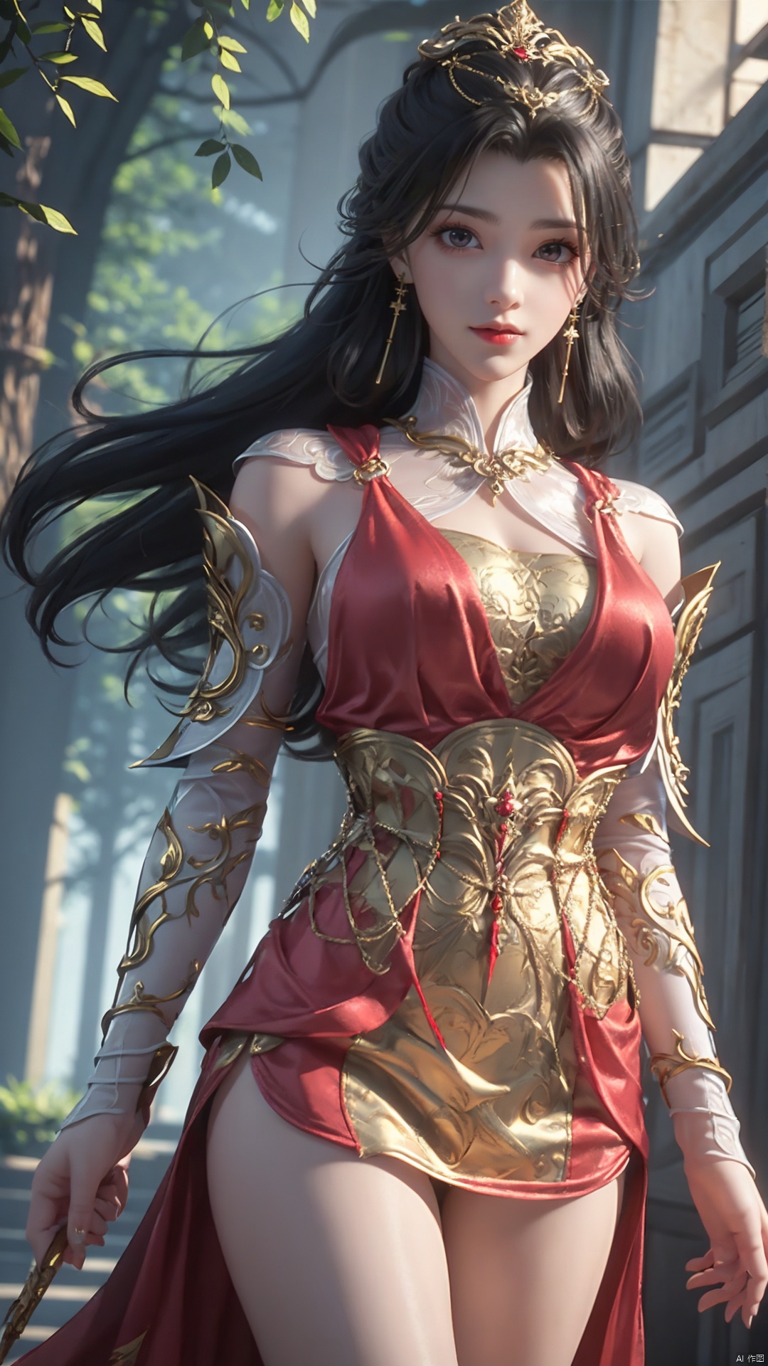 1girl, dress, solo, jewelry, hair ornament, red dress, black hair, earrings, looking at viewer, mischevious smile, perfect body, scenery, sharp focus, best quality, masterpiece, detailed outfit, illustration, perfect eyes, finely detailed beautiful anime eyes, realistic skin, intricate details, best lighting, depth of field, ultra high resolution,cowboy shot, dynamic pose, dynamic angle,