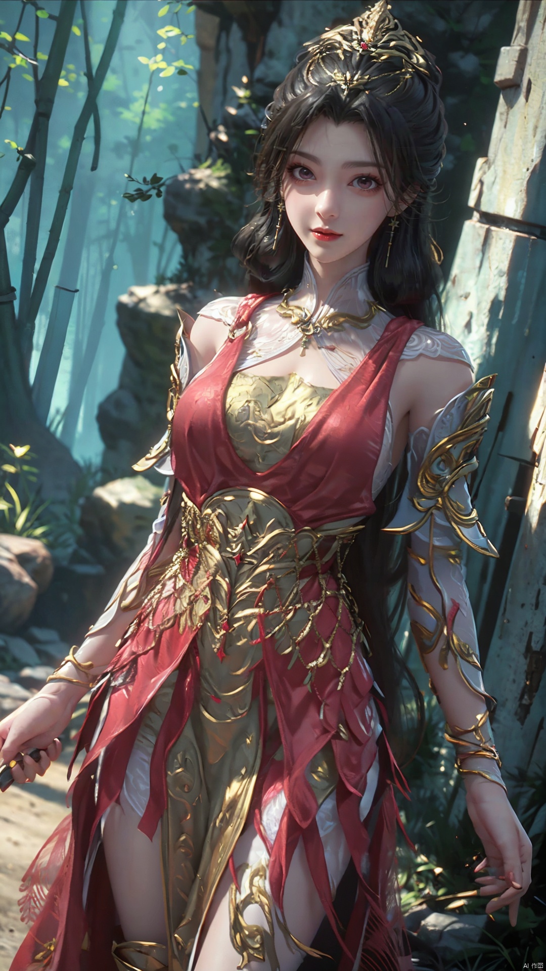 1girl, dress, solo, jewelry, hair ornament, red dress, black hair, earrings, looking at viewer, mischevious smile, perfect body, scenery, sharp focus, best quality, masterpiece, detailed outfit, illustration, perfect eyes, finely detailed beautiful anime eyes, realistic skin, intricate details, best lighting, depth of field, ultra high resolution,cowboy shot, dynamic pose, dynamic angle,