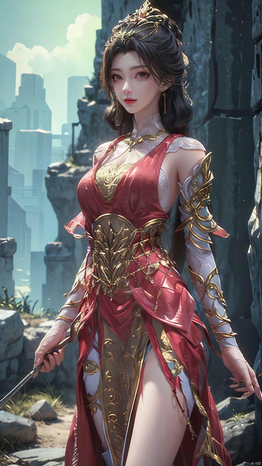 1girl, dress, solo, jewelry, hair ornament, red dress, black hair, earrings, looking at viewer, mischevious smile, perfect body, scenery, sharp focus, best quality, masterpiece, detailed outfit, illustration, perfect eyes, finely detailed beautiful anime eyes, realistic skin, intricate details, best lighting, depth of field, ultra high resolution,cowboy shot, dynamic pose, dynamic angle,