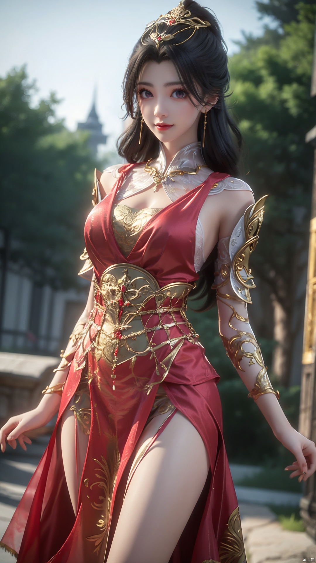 1girl, dress, solo, jewelry, hair ornament, red dress, black hair, earrings, looking at viewer, mischevious smile, perfect body, scenery, sharp focus, best quality, masterpiece, detailed outfit, illustration, perfect eyes, finely detailed beautiful anime eyes, realistic skin, intricate details, best lighting, depth of field, ultra high resolution,cowboy shot, dynamic pose, dynamic angle,