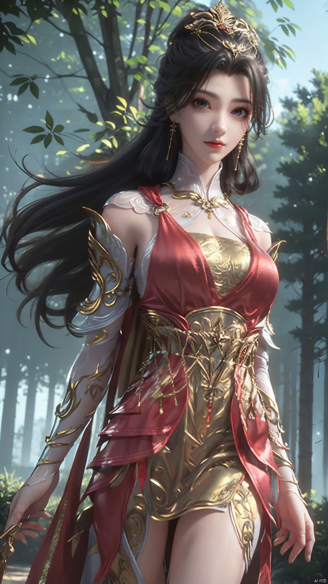 1girl, dress, solo, jewelry, hair ornament, red dress, black hair, earrings, looking at viewer, mischevious smile, perfect body, scenery, sharp focus, best quality, masterpiece, detailed outfit, illustration, perfect eyes, finely detailed beautiful anime eyes, realistic skin, intricate details, best lighting, depth of field, ultra high resolution,cowboy shot, dynamic pose, dynamic angle,