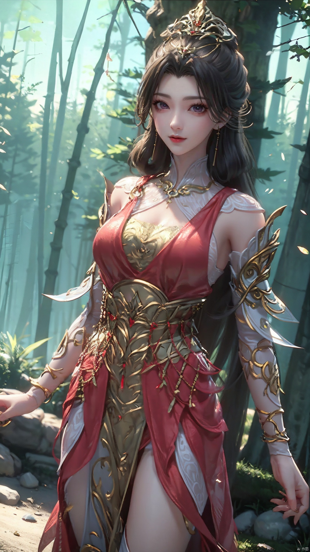 1girl, dress, solo, jewelry, hair ornament, red dress, black hair, earrings, looking at viewer, mischevious smile, perfect body, scenery, sharp focus, best quality, masterpiece, detailed outfit, illustration, perfect eyes, finely detailed beautiful anime eyes, realistic skin, intricate details, best lighting, depth of field, ultra high resolution,cowboy shot, dynamic pose, dynamic angle,