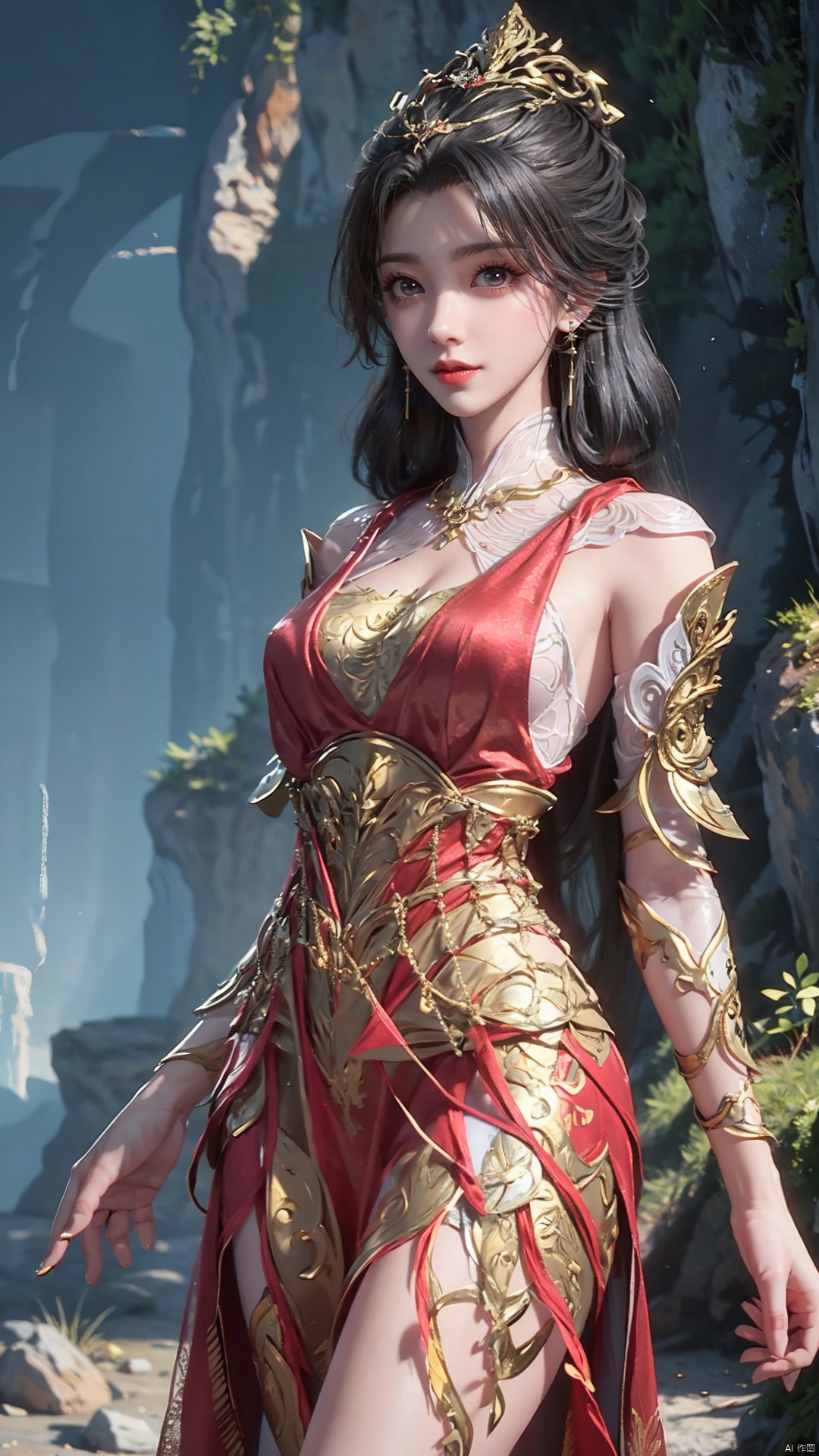 1girl, dress, solo, jewelry, hair ornament, red dress, black hair, earrings, looking at viewer, mischevious smile, perfect body, scenery, sharp focus, best quality, masterpiece, detailed outfit, illustration, perfect eyes, finely detailed beautiful anime eyes, realistic skin, intricate details, best lighting, depth of field, ultra high resolution,cowboy shot, dynamic pose, dynamic angle,