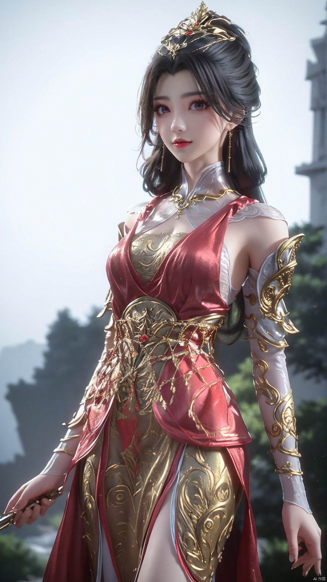 1girl, dress, solo, jewelry, hair ornament, red dress, black hair, earrings, looking at viewer, mischevious smile, perfect body, scenery, sharp focus, best quality, masterpiece, detailed outfit, illustration, perfect eyes, finely detailed beautiful anime eyes, realistic skin, intricate details, best lighting, depth of field, ultra high resolution,cowboy shot, dynamic pose, dynamic angle,