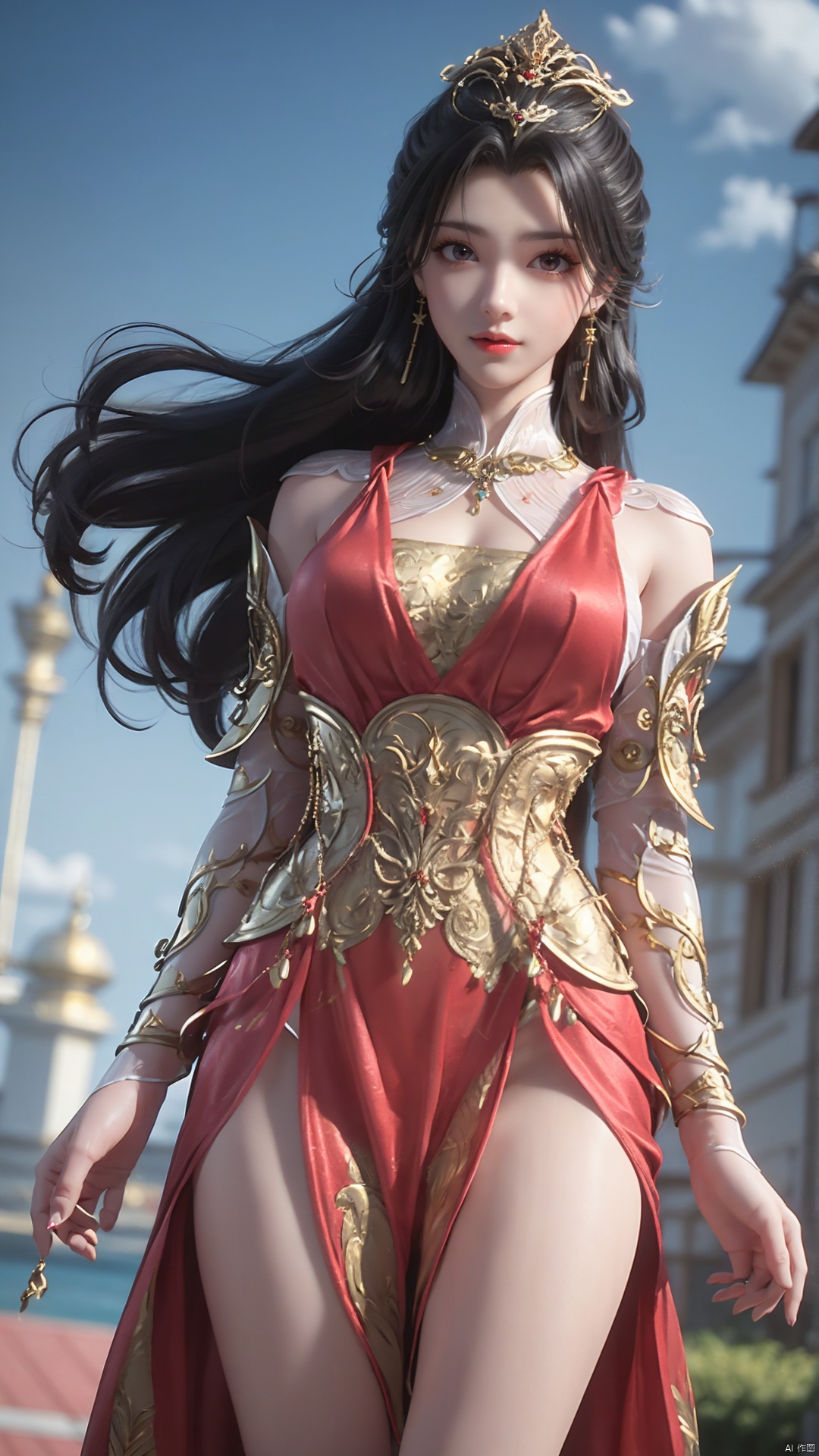 1girl, dress, solo, jewelry, hair ornament, red dress, black hair, earrings, looking at viewer, mischevious smile, perfect body, scenery, sharp focus, best quality, masterpiece, detailed outfit, illustration, perfect eyes, finely detailed beautiful anime eyes, realistic skin, intricate details, best lighting, depth of field, ultra high resolution,cowboy shot, dynamic pose, dynamic angle,