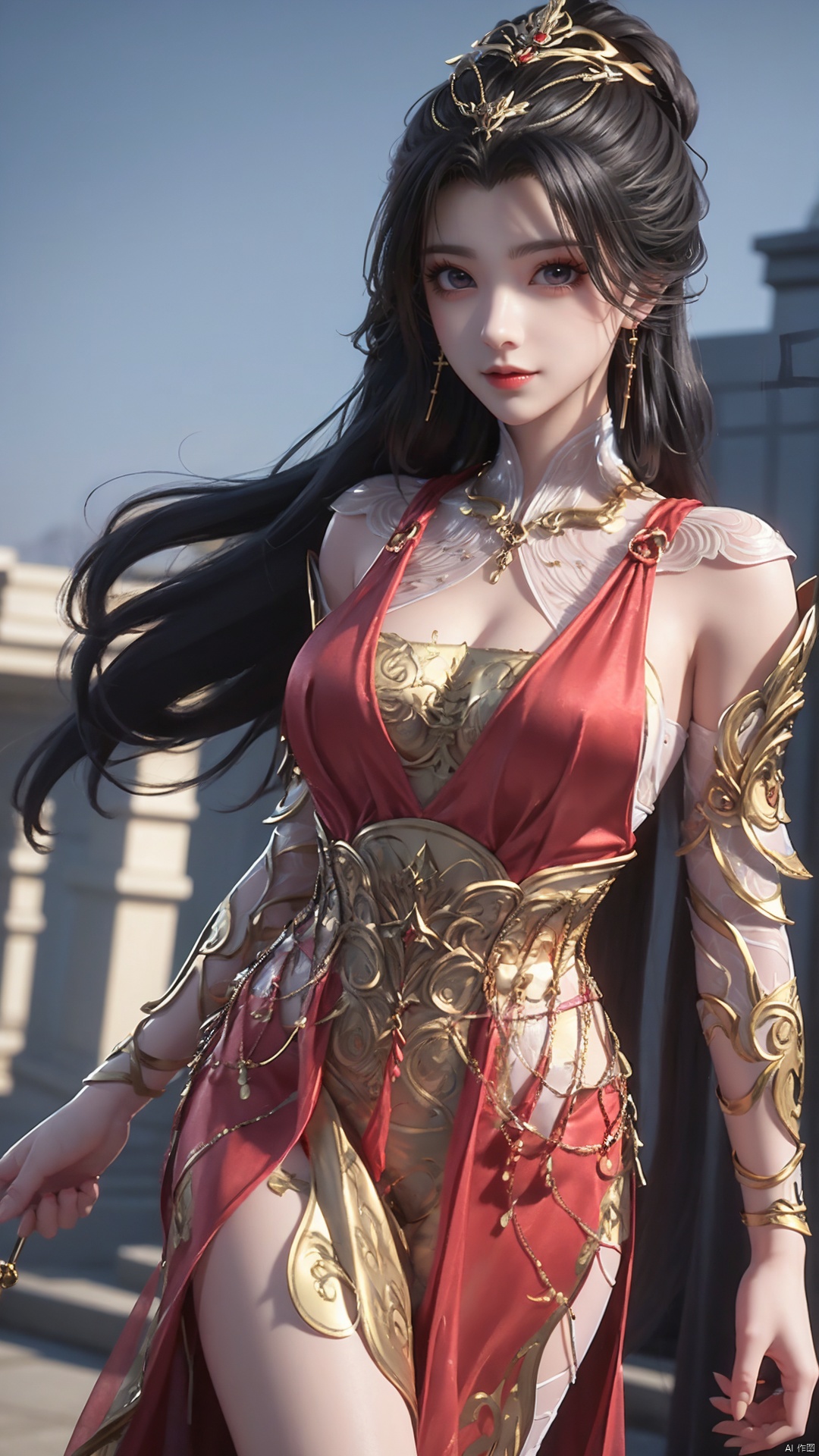 1girl, veil, dress, solo, jewelry, hair ornament, red dress, black hair, earrings, looking at viewer, mischevious smile, perfect body, scenery, sharp focus, best quality, masterpiece, detailed outfit, illustration, perfect eyes, finely detailed beautiful anime eyes, realistic skin, intricate details, best lighting, depth of field, ultra high resolution,cowboy shot, dynamic pose, dynamic angle,