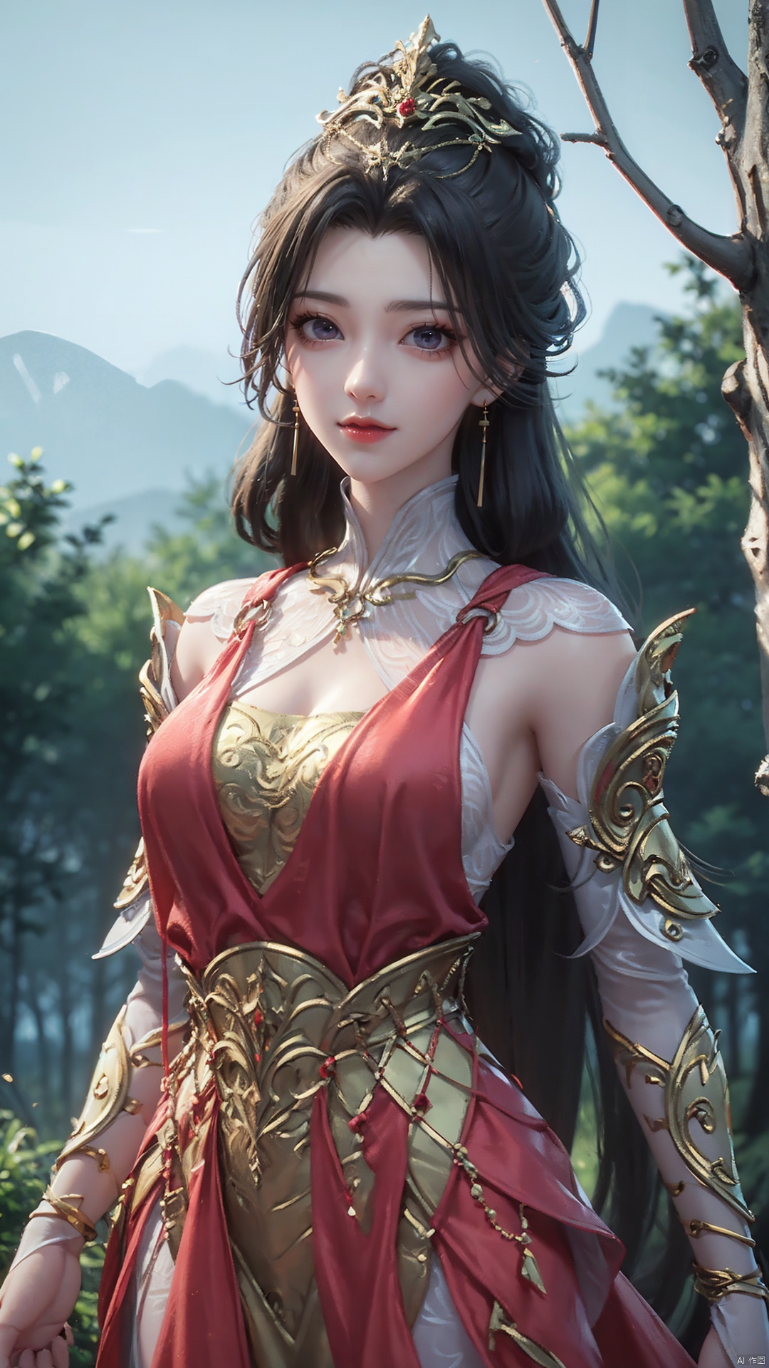 1girl, dress, solo, jewelry, hair ornament, red dress, black hair, earrings, looking at viewer, mischevious smile, perfect body, scenery, sharp focus, best quality, masterpiece, detailed outfit, illustration, perfect eyes, finely detailed beautiful anime eyes, realistic skin, intricate details, best lighting, depth of field, ultra high resolution,cowboy shot, dynamic pose, dynamic angle,
