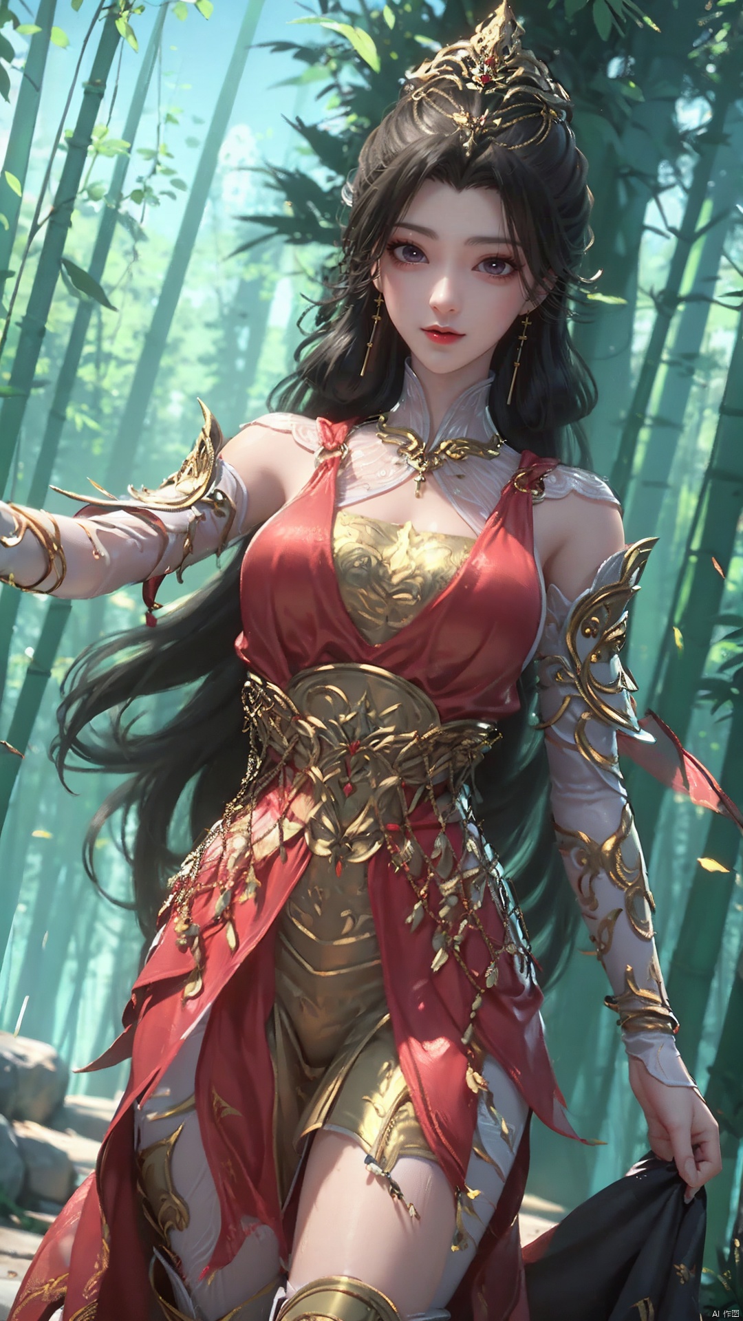 1girl, dress, solo, jewelry, hair ornament, red dress, black hair, earrings, looking at viewer, mischevious smile, perfect body, scenery, sharp focus, best quality, masterpiece, detailed outfit, illustration, perfect eyes, finely detailed beautiful anime eyes, realistic skin, intricate details, best lighting, depth of field, ultra high resolution,cowboy shot, dynamic pose, dynamic angle,