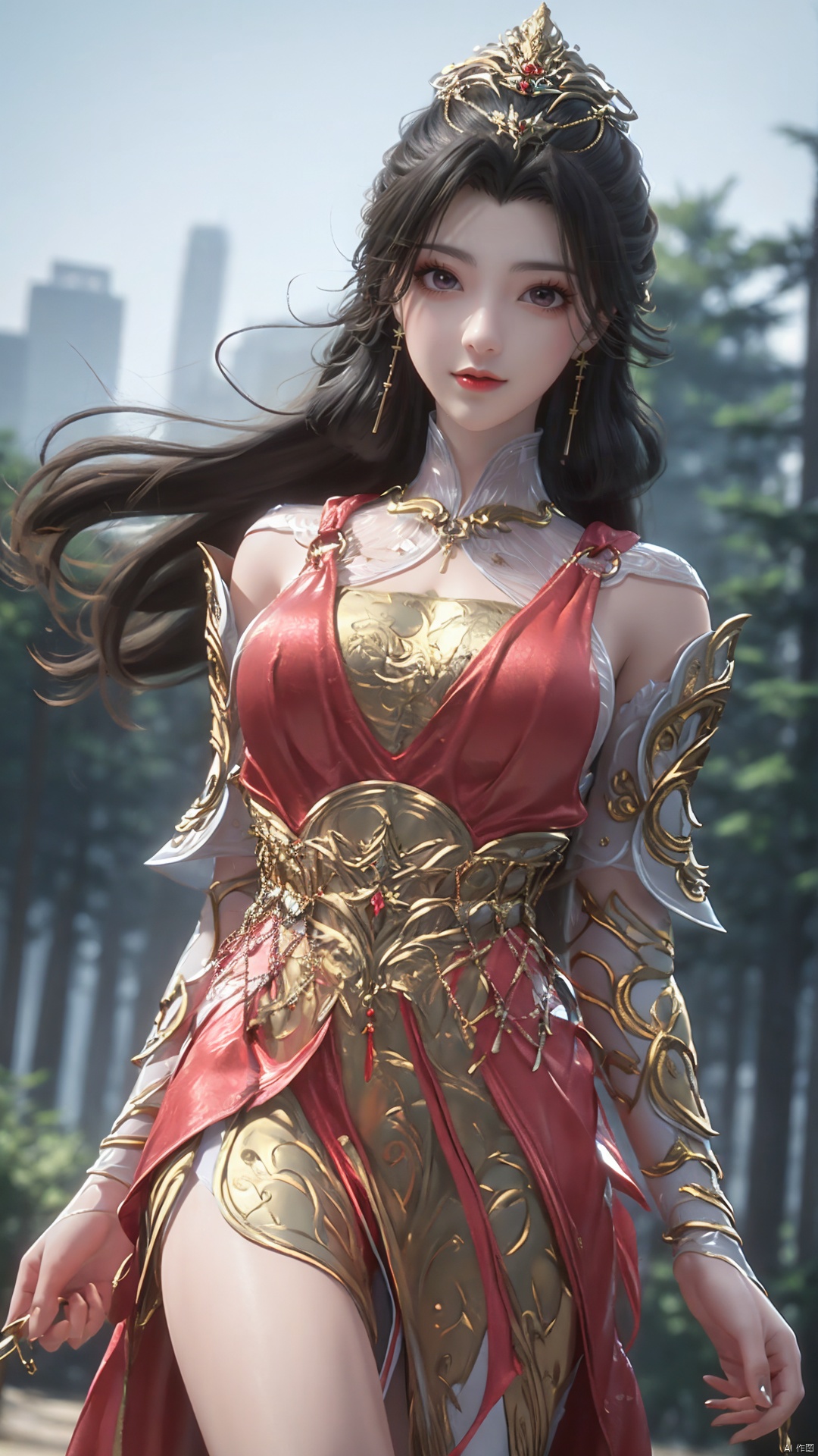 1girl, dress, solo, jewelry, hair ornament, red dress, black hair, earrings, looking at viewer, mischevious smile, perfect body, scenery, sharp focus, best quality, masterpiece, detailed outfit, illustration, perfect eyes, finely detailed beautiful anime eyes, realistic skin, intricate details, best lighting, depth of field, ultra high resolution,cowboy shot, dynamic pose, dynamic angle,