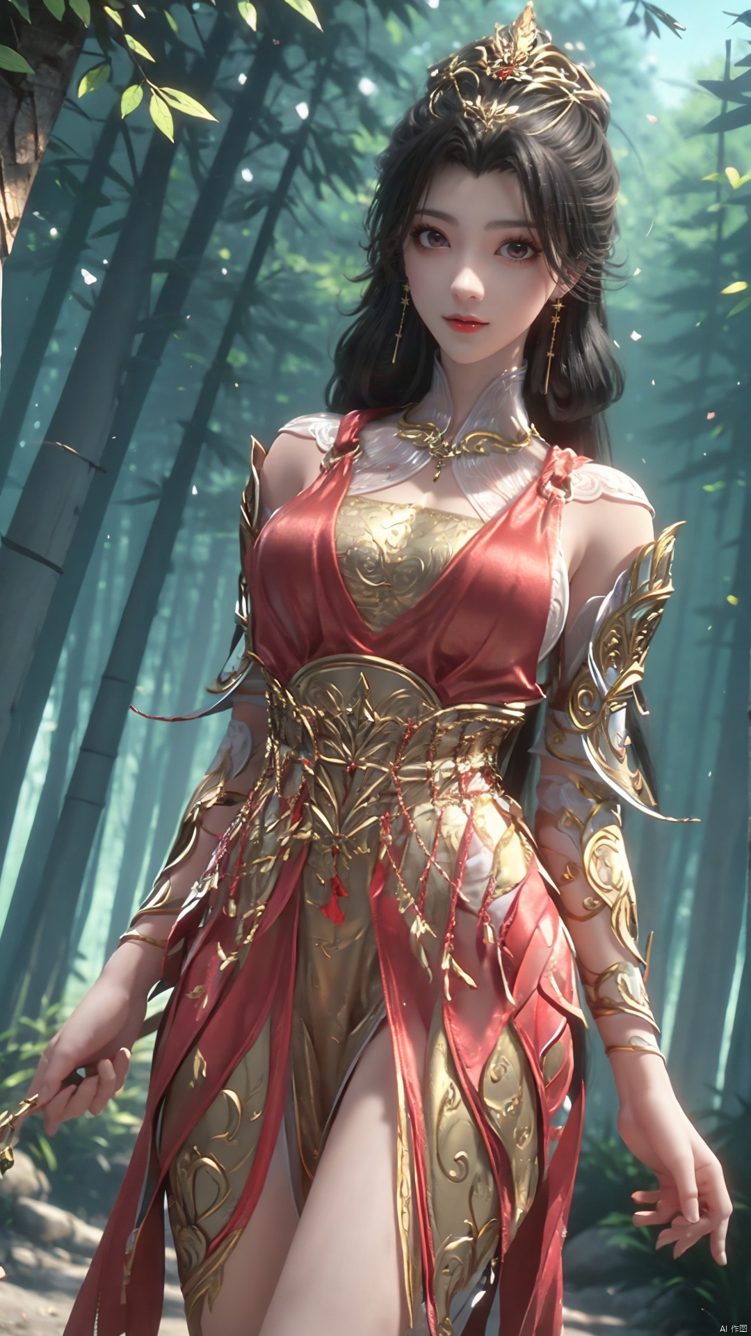1girl, dress, solo, jewelry, hair ornament, red dress, black hair, earrings, looking at viewer, mischevious smile, perfect body, scenery, sharp focus, best quality, masterpiece, detailed outfit, illustration, perfect eyes, finely detailed beautiful anime eyes, realistic skin, intricate details, best lighting, depth of field, ultra high resolution,cowboy shot, dynamic pose, dynamic angle,