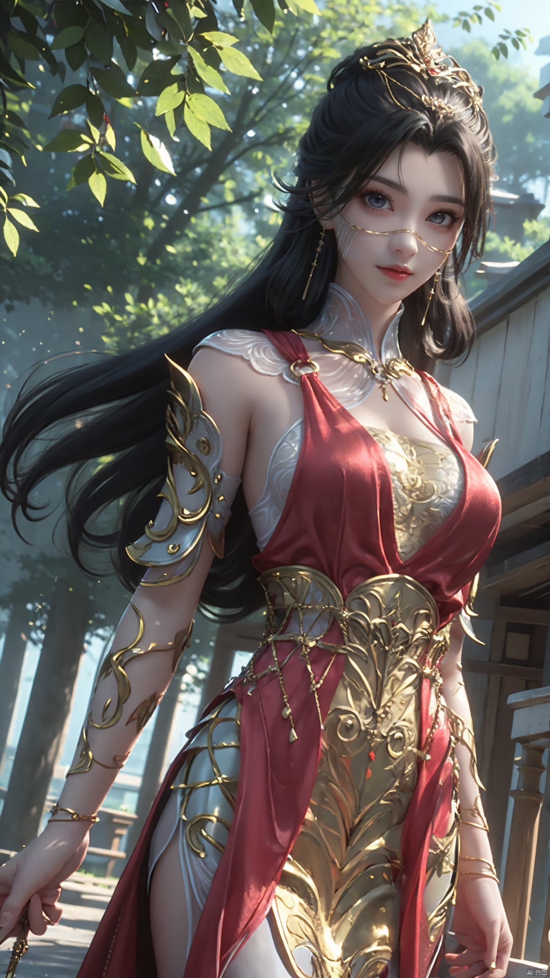 1girl, veil, dress, solo, jewelry, hair ornament, red dress, black hair, earrings, looking at viewer, mischevious smile, perfect body, scenery, sharp focus, best quality, masterpiece, detailed outfit, illustration, perfect eyes, finely detailed beautiful anime eyes, realistic skin, intricate details, best lighting, depth of field, ultra high resolution,cowboy shot, dynamic pose, dynamic angle,