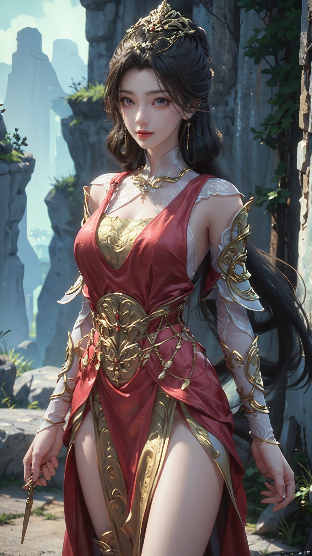 1girl, dress, solo, jewelry, hair ornament, red dress, black hair, earrings, looking at viewer, mischevious smile, perfect body, scenery, sharp focus, best quality, masterpiece, detailed outfit, illustration, perfect eyes, finely detailed beautiful anime eyes, realistic skin, intricate details, best lighting, depth of field, ultra high resolution,cowboy shot, dynamic pose, dynamic angle,