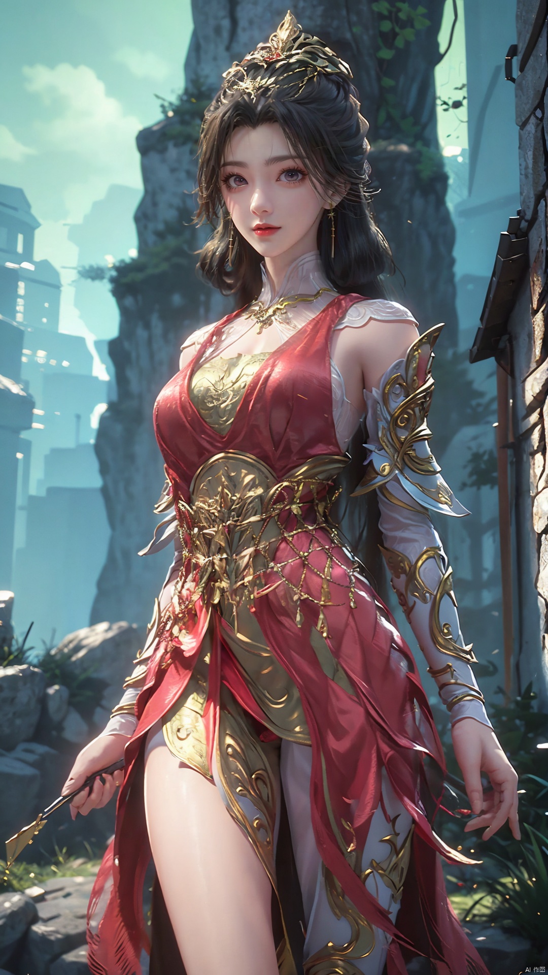 1girl, dress, solo, jewelry, hair ornament, red dress, black hair, earrings, looking at viewer, mischevious smile, perfect body, scenery, sharp focus, best quality, masterpiece, detailed outfit, illustration, perfect eyes, finely detailed beautiful anime eyes, realistic skin, intricate details, best lighting, depth of field, ultra high resolution,cowboy shot, dynamic pose, dynamic angle,