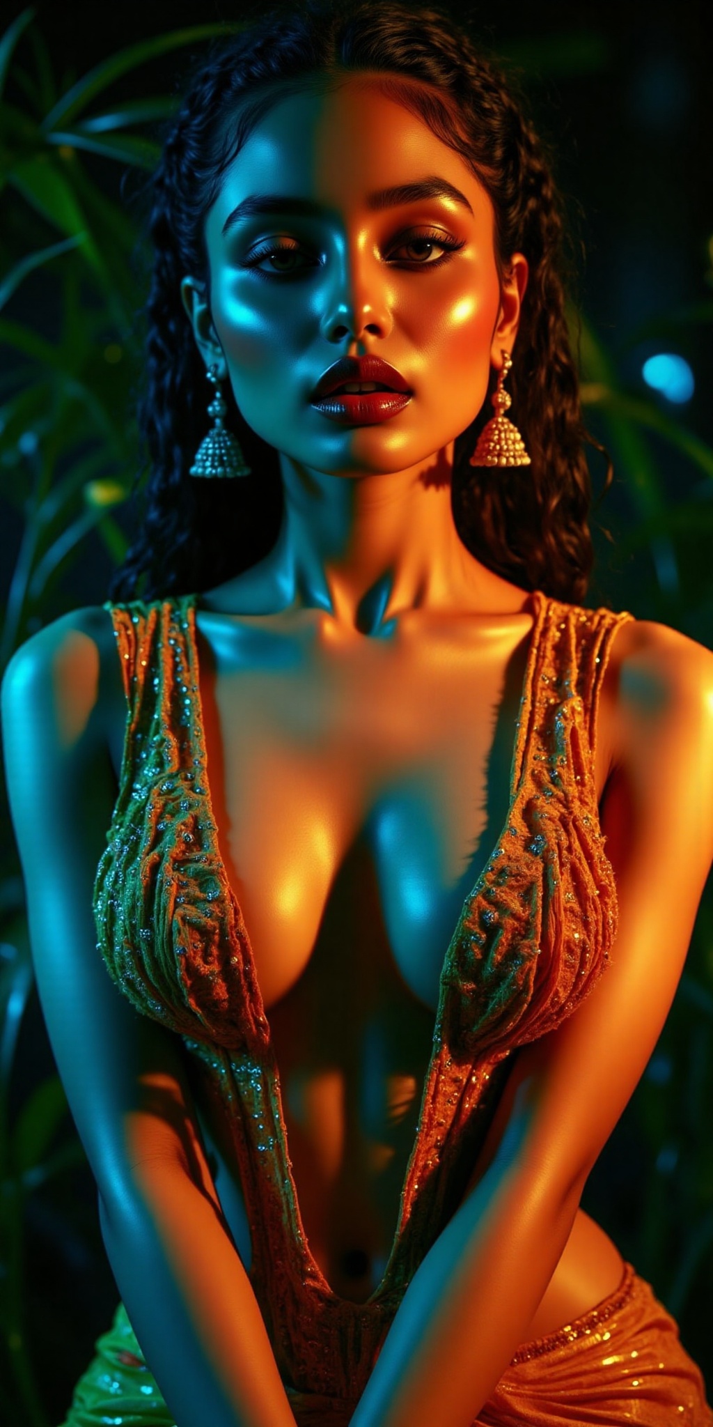 : A gorgeous woman in a modern dress that exposes her midriff,  showing her striking T-shaped navel. highlighted by the dr...