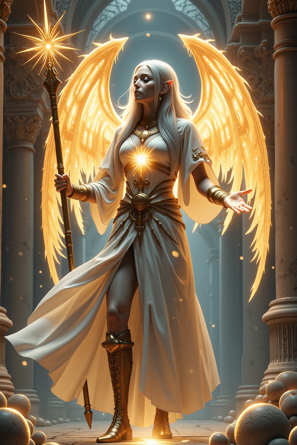 A hyper-realistic portrait, photorealistic photo close-up image of A radiant aasimar cleric, her silver hair flowing in waves down her back, holds a staff aloft as golden light pours from her open hands. Her pale, alabaster skin glows with an otherworldly aura, and her celestial blue eyes burn with divine purpose. Her flowing robes, white and gold with intricate celestial designs, billow around her as if caught in a breeze that only she can feel. A pair of ethereal wings spread behind her, shimmering with soft light, casting a warm glow on the stone floor beneath her. Her staff is adorned with glowing sigils that pulse in rhythm with the light from her hands, amplifying the healing energy that radiates outward. Around her, faint, ghostly images of long-passed warriors appear, their spirits lifted by her divine magic, their translucent forms glowing with renewed strength. The walls of the temple around her are lined with ancient, golden mosaics, and beams of sunlight pierce through the high, arched windows, illuminating the dust-filled air. Her expression is one of serene concentration, eyes closed as she channels the power of the heavens. In this moment, she is the embodiment of light, peace, and holy retribution. (photography, high-resolution, dynamic, energetic,hyper-realistic, dramatic lighting, shallow depth of field.)