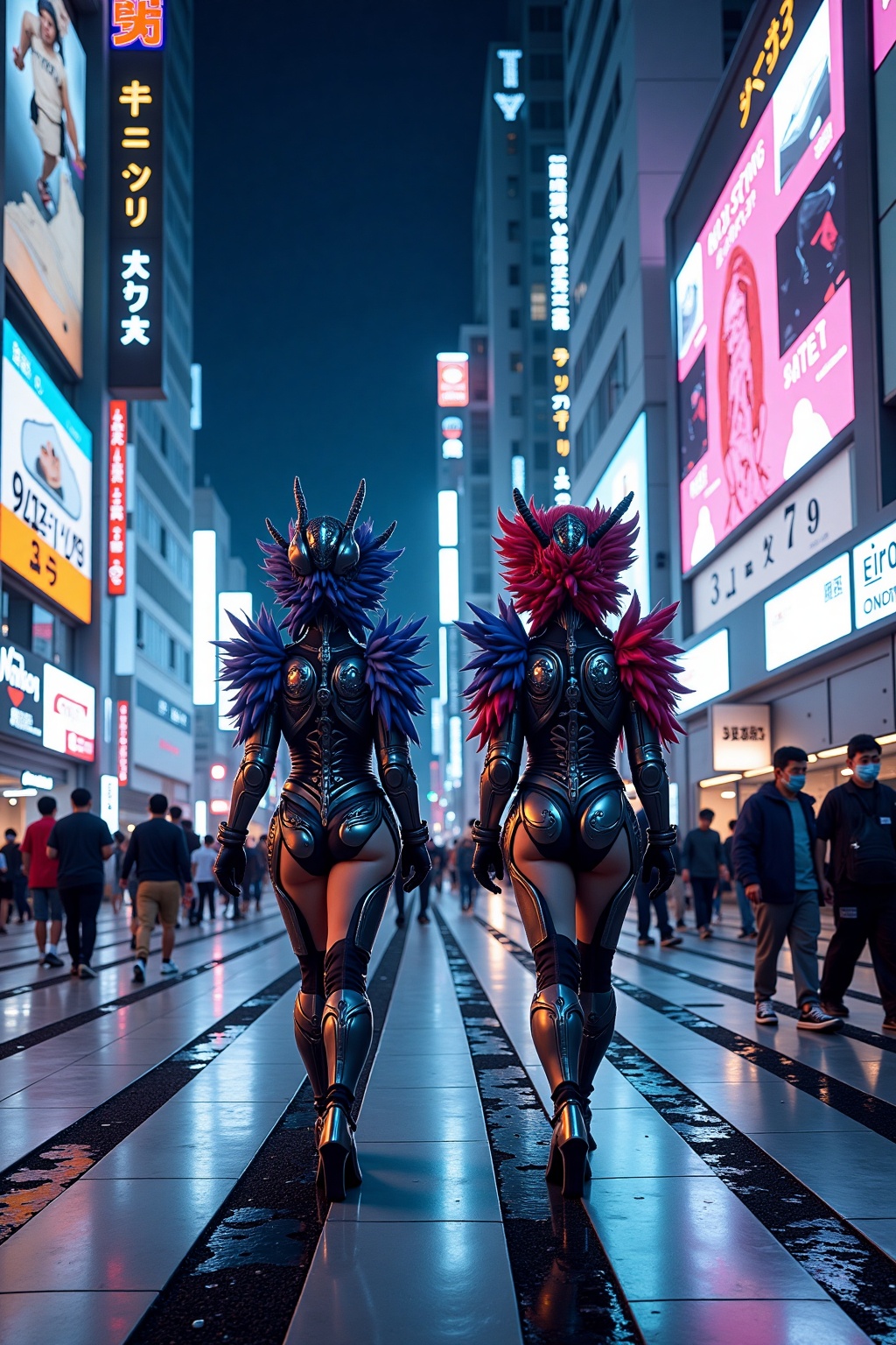 Fashion photo, subjects full frame: 2 young native Asian Thai Lao cosplay women in elaborately creative different colored cosplay outfits walk frontally full frame in camera flash towards the viewer of the picture. The image shows a busy Shibuya intersection, surrounded by futuristic elements: holographic signs, illuminated crosswalks and digital billboards. The crowd blurs with the light trails of passing vehicles and the neon reflections to create a dynamic night scene.