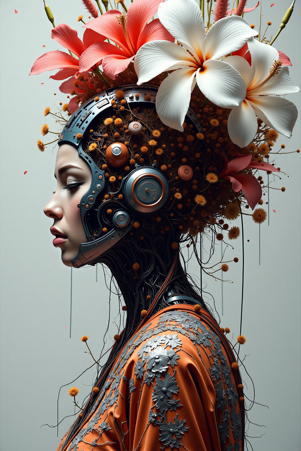 This image is a digitally manipulated photograph that combines elements of traditional and modern art. The central figure is a woman with a strikingly detailed, large, and realistic floral arrangement adorning her head. The flowers, which include several different species, are in full bloom and feature bold, bright colors such as red, white, and orange. The woman's face is not visible, but her lips and chin are partially obscured by the large, white hibiscus flower. The background is a plain, light gray, which contrasts starkly with the woman's colorful floral arrangement and clothing, drawing attention to the subject. The overall style is a mix of surrealism and photorealism, with the flowers appearing almost three-dimensional due to their lifelike textures and shades, ArsMJStyle, Mosaic