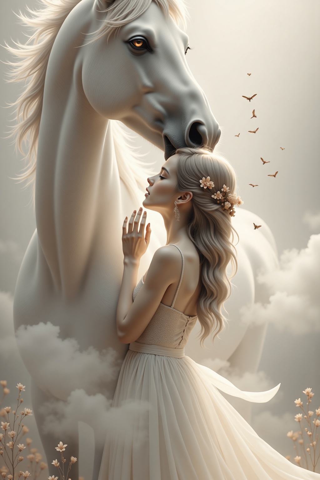 Create a chalk painting image with a soft, ethereal quality that features a young beautiful woman and a white horse,the woman has long, light brown hair that falls down her back wearing a sleeveless, cream-colored dress made of a textured, slightly sheer fabric that gives the woman a delicate and airy appearance, she is gently stroking the horse's muzzle, her eyes are closed, suggesting a moment of deep connection and affection,the horse, standing to the left of the woman, is a large, white creature with dappled fur that provides a subtle contrast to the overall monochrome tones of the image, the horse's eyes are closed, reflecting the woman's peaceful demeanor, background is a hazy, misty gray, adding to the dreamy, almost surreal atmosphere, bokeh lighting, overall color palette is muted, with cream, white, and beige tones, hyper-detailed, masterpiece, award winning, midjourneyv6.1, linquivera, liiv1