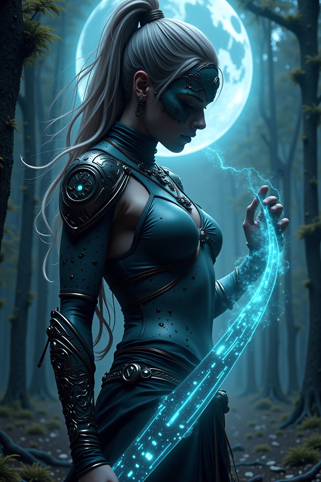 cinematic film still A breathtaking scene of a powerful tribal Germanic female warrior stands, with blonde braided hair adorned with small natural charms. she holds a runic sword in one hand and in the other hand she uses rinic magic to bless the sword, the runes on the sword glow, , ethereal light. The primal magic flows from her in shimmering waves. She wears basic tribal furls and is tattood in blue glowing magical runes on her body , blending her into the dark midnight setting. The scene is lit by the soft glow of moonlight, casting shadows across her and creating a mystical, ancient atmosphere
 zavy-spctrlglw, luminescent, spectral glow, iridescent, ethereal   velvet_myst     aidmaglow . shallow depth of field, vignette, highly detailed, high budget, bokeh, cinemascope, moody, epic, gorgeous, film grain, grainy