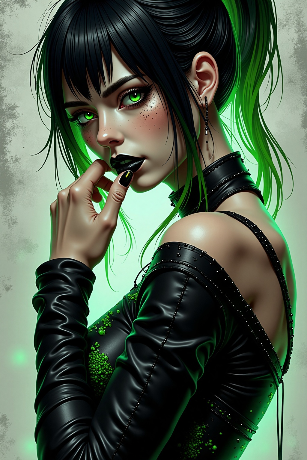 detailed, masterpiece, a woman, score_9, score_8_up, score_7_up, score_6_up, masterpiece,best quality, highly detailed, Selena, Goth girl, ponytail, black hair, green hair, two tone hair, green eyes, pale skin, freckles, black lipstick, Beautiful, perfect body, detailed background, dark makeup, shy, looking away, embarrassed, shy expression, shy body language, hand on arm, long sleeves, cleavage, necklace, (exposed breasts), (exposed nipples), (puffy nipples), big nipple piercings, Erect nipples, (lip ring:1.1), body strap harness, submissive, hand on face, pinky finger in mouth, perfect hands,