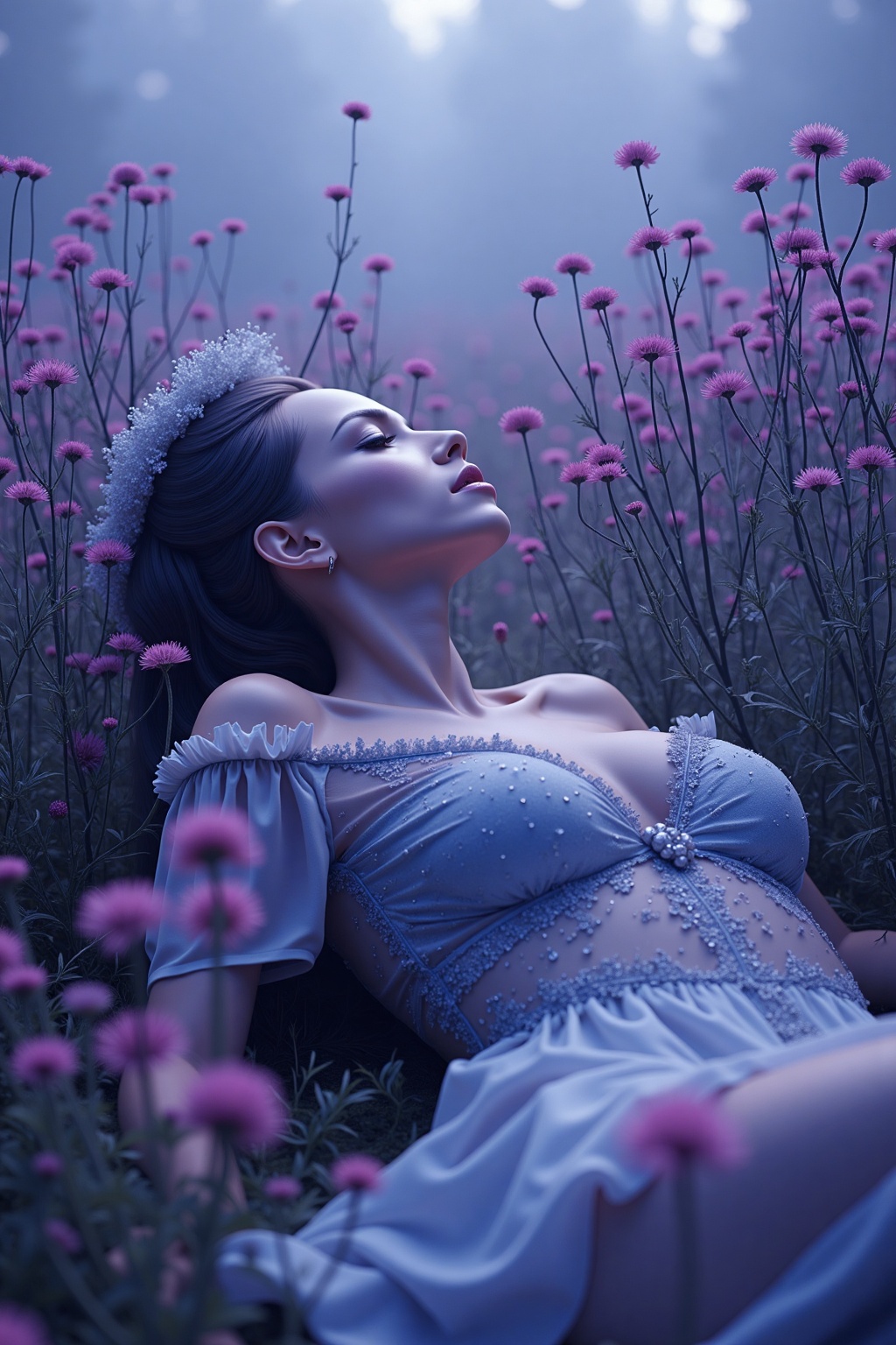 NSFW, (Soft Lighting Photography by Mimoza Veliu and Mario Giacomelli:1.2), A young woman lies in a field of wildflowers, creating a dreamy, surreal atmosphere. The overall color is a mixture of soft light blue and purple, creating a tranquil, ethereal atmosphere. , sexy