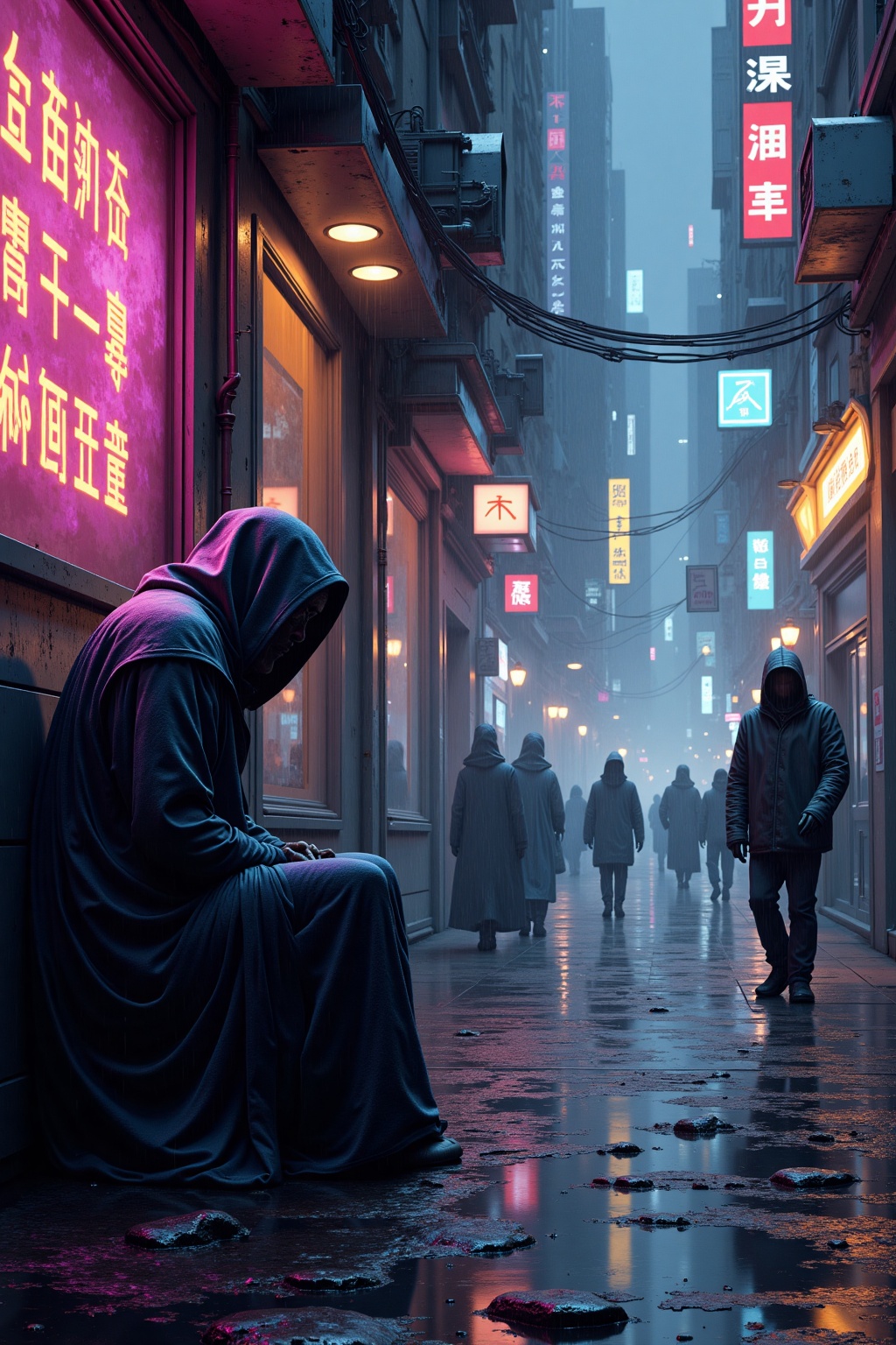 A lone beggar, draped in tattered velvet robes reminiscent of medieval royalty, sits hunched against a gleaming chrome wall pulsating with holographic advertisements for cybernetic enhancements. The street, cobbled and worn smooth by centuries of foot traffic, is littered with discarded data chips and flickering neon signs displaying cryptic glyphs. Rain streaks down the grimy chrome, reflecting the flickering light in a distorted, dystopian cityscape. Focus on the beggar's weary, melancholic expression, juxtaposing their archaic attire with the cold, futuristic environment. Gritty, realistic style, cinematic lighting.