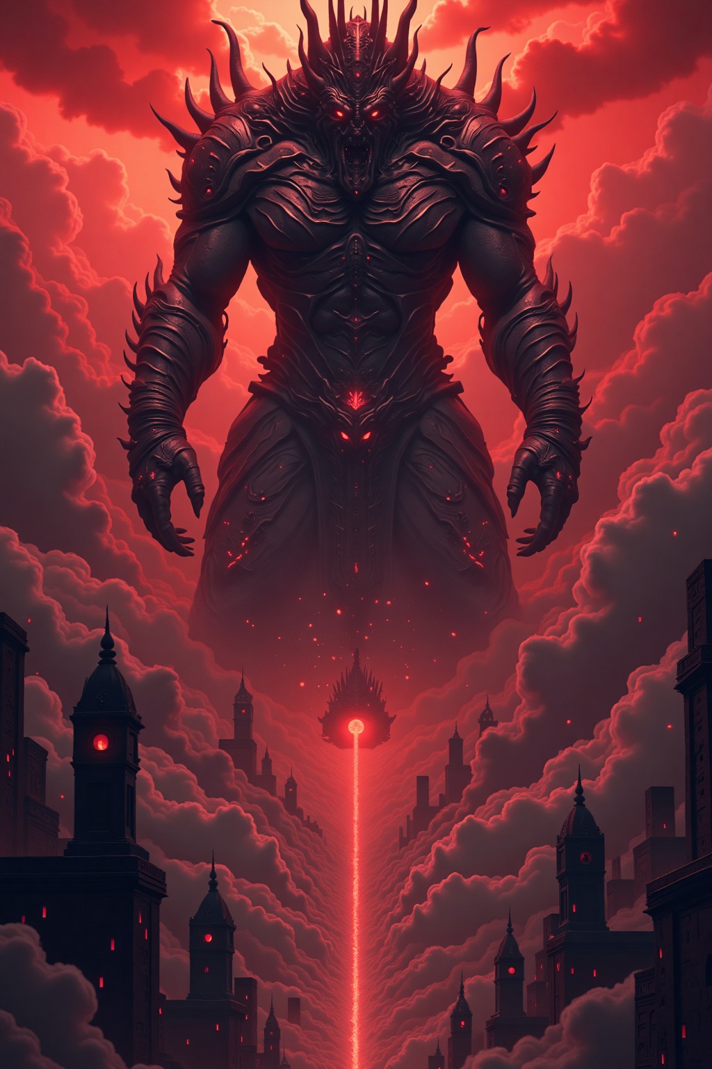 dark fantasy theme, huge colossus monster towers over  ancient city, colossus destroys the city, fire and smoke, red sky, meteorites falling, atmospheric, Max Details, sharp focus, high contrast, stylized, dark, clear, surreal, ultra quality, 8k, best quality, masterpiece, midjourneyv6.1, colorful