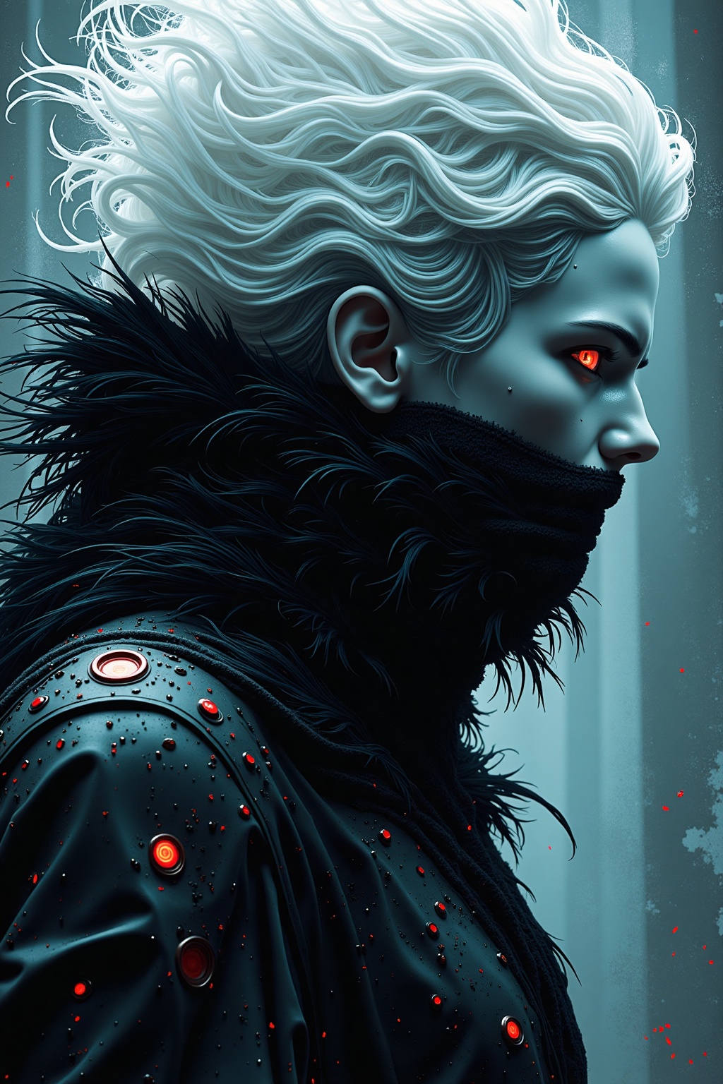 ink art, Shrouded , White glowing hair, closeup Portrait of a woman with no Face and no eyes, billowing hair, and billowing feathered cloak, very detailed analog photo, atmospheric lighting, neon and black colored, mysterious, abstract and surreal, by Satoshi Kon,