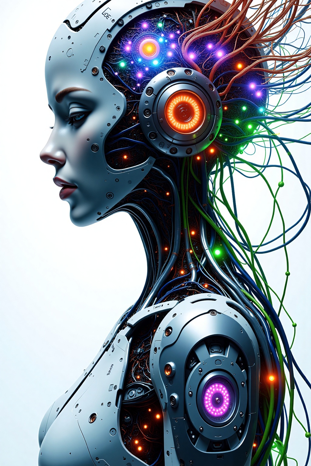 　A stunningly beautiful android woman with long, flowing hair crafted from multicolored, translucent plastic semiconductors. Each strand shimmers and glows with an internal light, a mesmerizing display of vibrant hues ranging from electric blue and emerald green to fiery orange and soft pink. The light within the hair seems to shift and change, creating an ethereal aura around her perfectly sculpted face.  Her skin, a flawless porcelain white, contrasts sharply with the vibrant colors of her hair. Her eyes, large and expressive, are made of polished obsidian, reflecting the intricate network of colorful semiconductors that frame her face. The backdrop is a stark white, emphasizing the otherworldly beauty of the android. The overall style is hyperrealistic, capturing every detail with photographic precision, yet imbued with an artistic, dreamlike quality. The image evokes a sense of wonder and fascination, blurring the lines between technology and art.  The lighting is soft and diffused, highlighting the translucence of the plastic and creating a subtle halo effect around the figure. The composition is centered, drawing the viewer's gaze directly to the android's captivating presence.