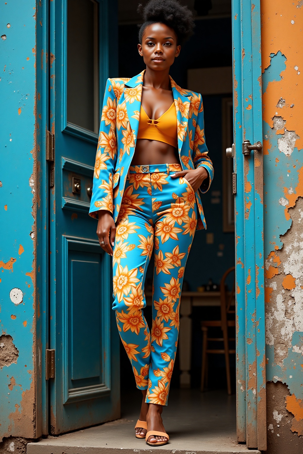 Image is a fashion photograph featuring a woman standing in a doorway. The style is vibrant and modern, with a focus on bold colors and patterns. The subject is a woman with medium skin tone and dark hair styled in an updo. She is wearing a matching floral suit with a blue and orange color scheme, consisting of a blazer and high-waisted pants, paired with a mustard yellow bralette. Her footwear is a pair of tan open-toe heels. The background is an urban setting with a weathered blue and orange 