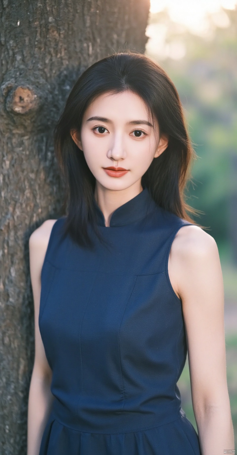 wzyinyawnahz,a young Asian woman stands in front of a tree. She is dressed in a blue slick qipao. Her hair is styled in a sleek bob. The sun is shining on the right side of the image, casting a shadow onto the tree behind her.