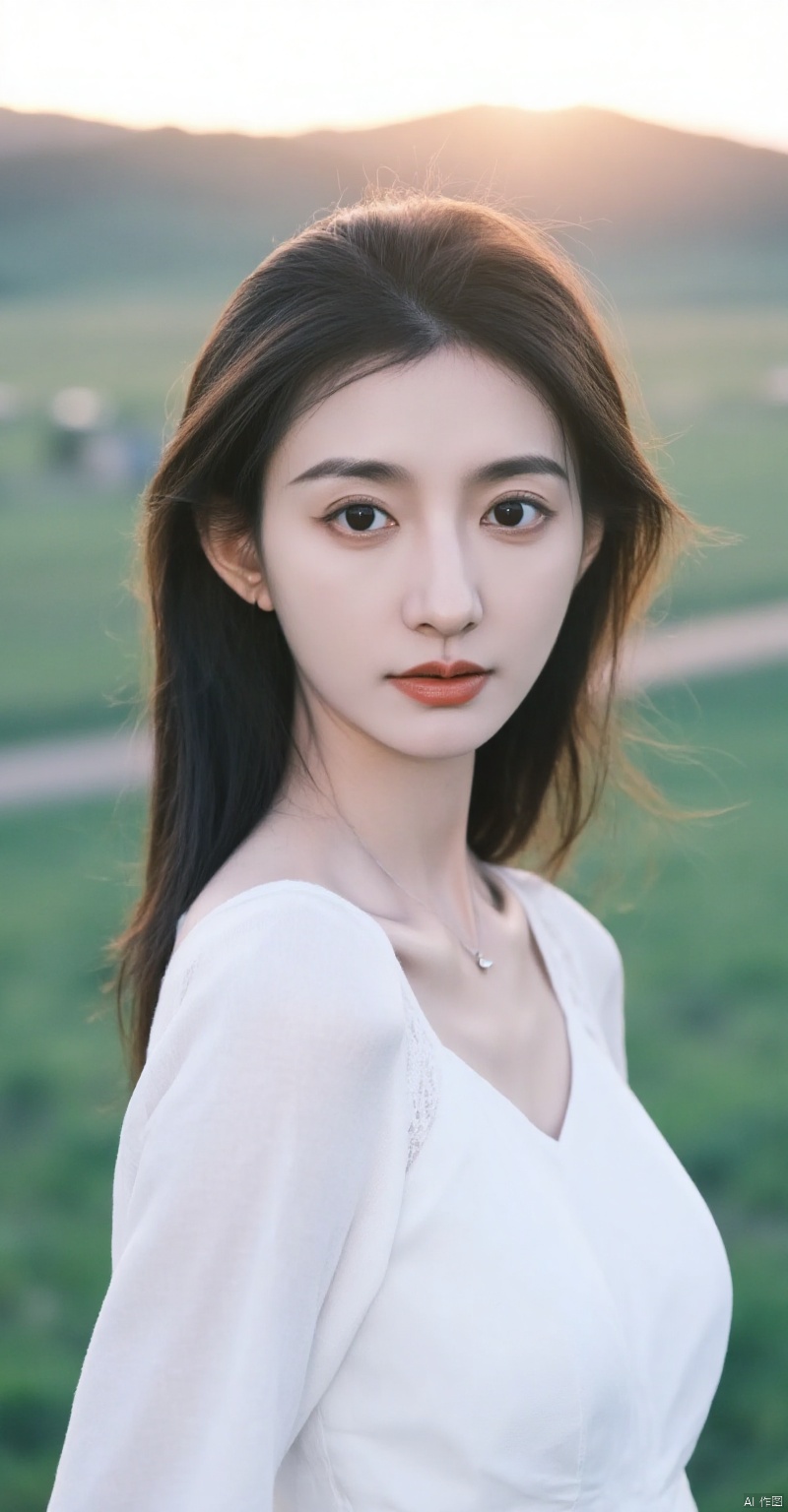 (woman in white,looking sideways,sunset,on grassland),beautiful detailed eyes,beautiful detailed lips,extremely detailed eyes and face,long eyelashes,white flowing dress,soft expression,side profile,standing gracefully,windblown hair,golden hour lighting,warm tones,peaceful atmosphere,rolling hills in background,soft shadows,evening sky,glowing horizon,serene landscape,natural beauty,realistic skin texture,gentle breeze,calm and tranquil,(best quality,4k,8k,highres,masterpiece:1.2),ultra-detailed,(realistic,photorealistic,photo-realistic:1.37),HDR,UHD,studio lighting,ultra-fine painting,sharp focus,physically-based rendering,extreme detail description,professional,vivid colors,bokeh,landscape photography