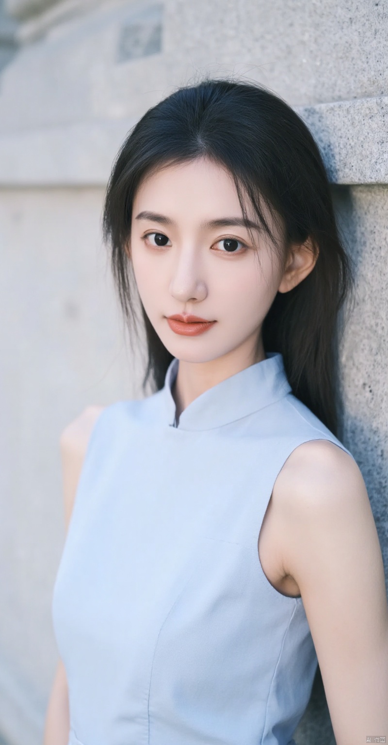 wzyinyawnahz,(best quality,4k,8k,highres,masterpiece:1.2),ultra-detailed,(realistic,photorealistic,photo-realistic:1.37),1girl,medium-sized Asian woman,light blue sleeveless button-down qipao,collar,ponytail,black eyes,vibrant pink lips,dark brown eyebrows,slight smile,white wall,light gray background,white pillar,soft lighting,smooth skin,modern portrait,photography,sharp focus,physically-based rendering,extreme detail description,professional,vivid colors,bokeh