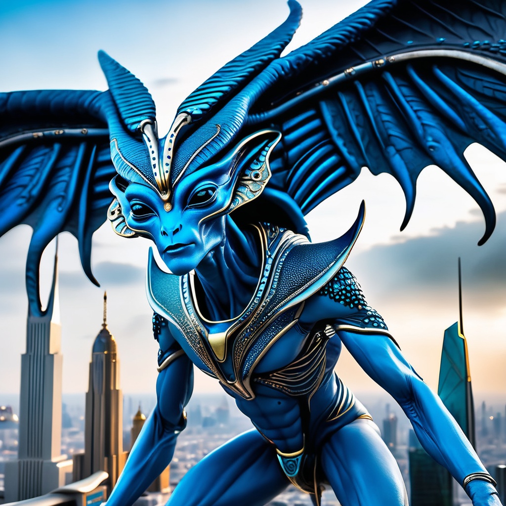 A mesmerizing cinematic shot of a 1:1 scale Anunnaki alien stands at the edge of a futuristic cityscape. The blue-skinned...