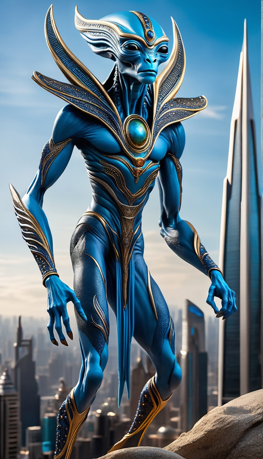 A mesmerizing cinematic shot of a 1:1 scale Anunnaki alien stands at the edge of a futuristic cityscape. The blue-skinned...