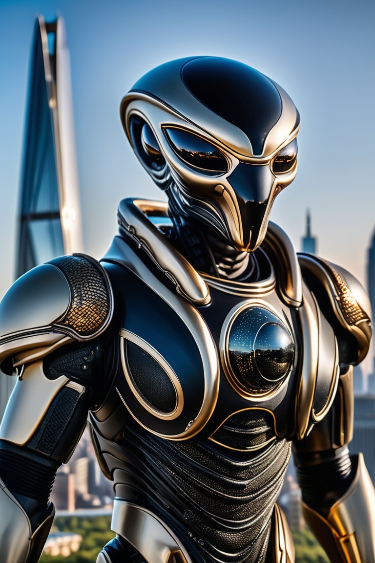 A majestic extraterrestrial automaton stands imposing against the radiant metropolis skyline,  its scaly visage a mask of...