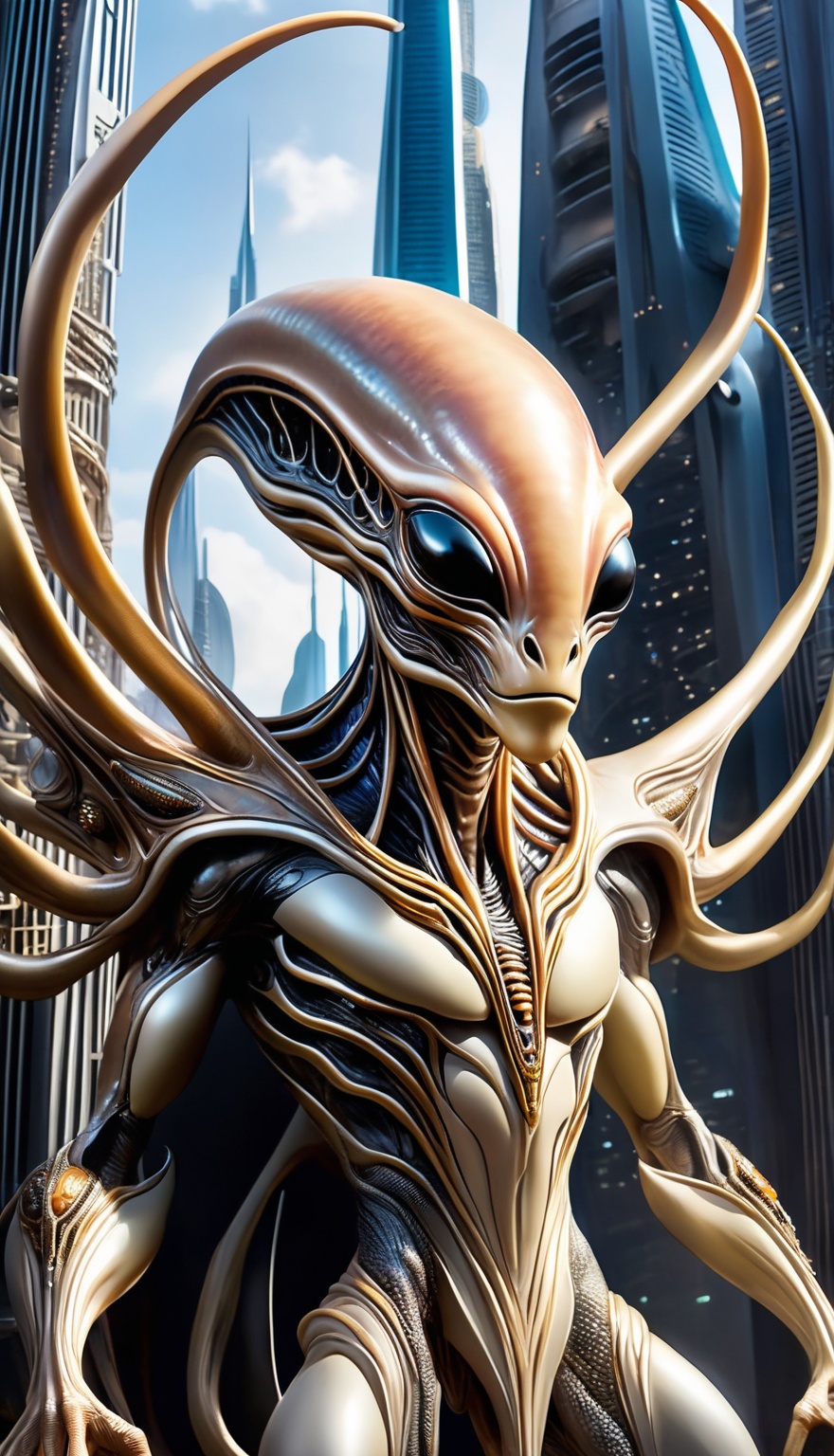A breathtakingly detailed PNG image of an alien Urmah standing amidst a futuristic cityscape. The creature's cream-colored...