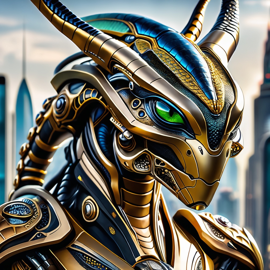 A close-up shot frames the alien droid's reptilian face,  scales glistening under sharp lighting that accentuates piercing...