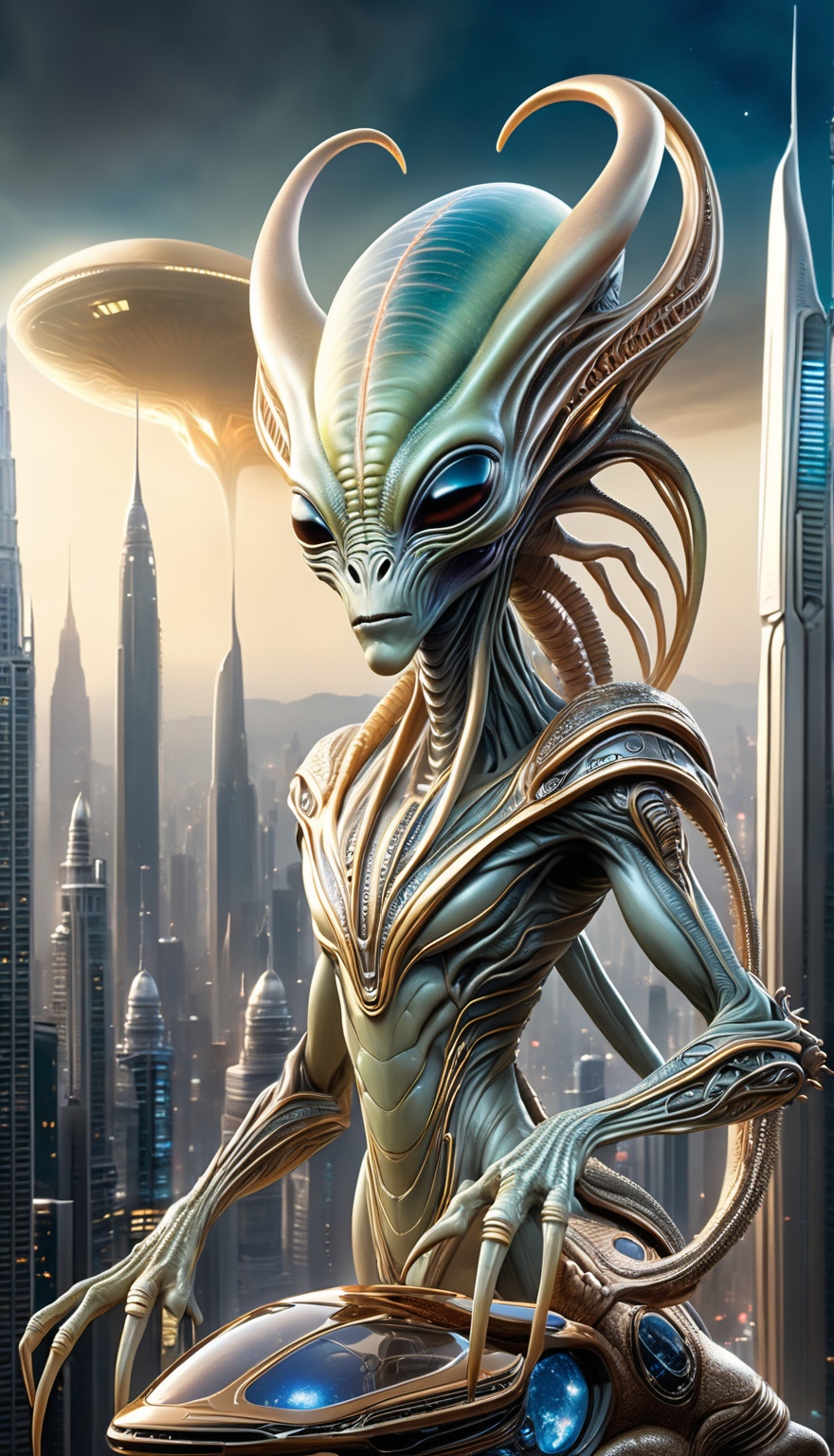 A breathtakingly detailed PNG image of an alien Urmah standing amidst a futuristic cityscape. The creature's cream-colored...