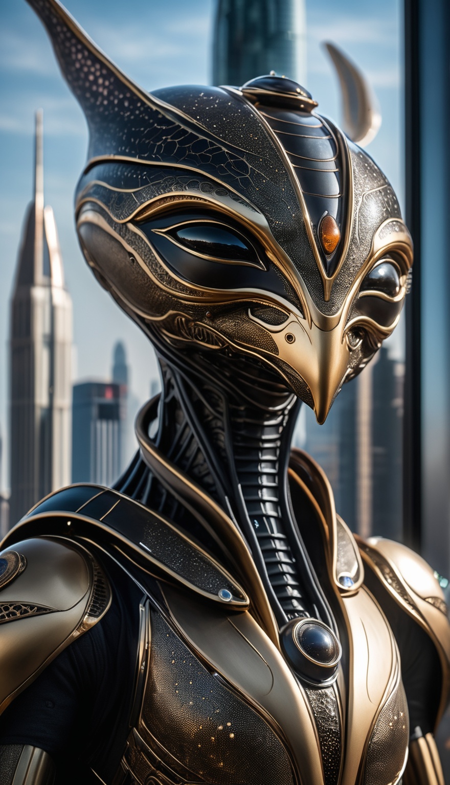 A majestic extraterrestrial automaton stands imposing against the radiant metropolis skyline,  its scaly visage a mask of...