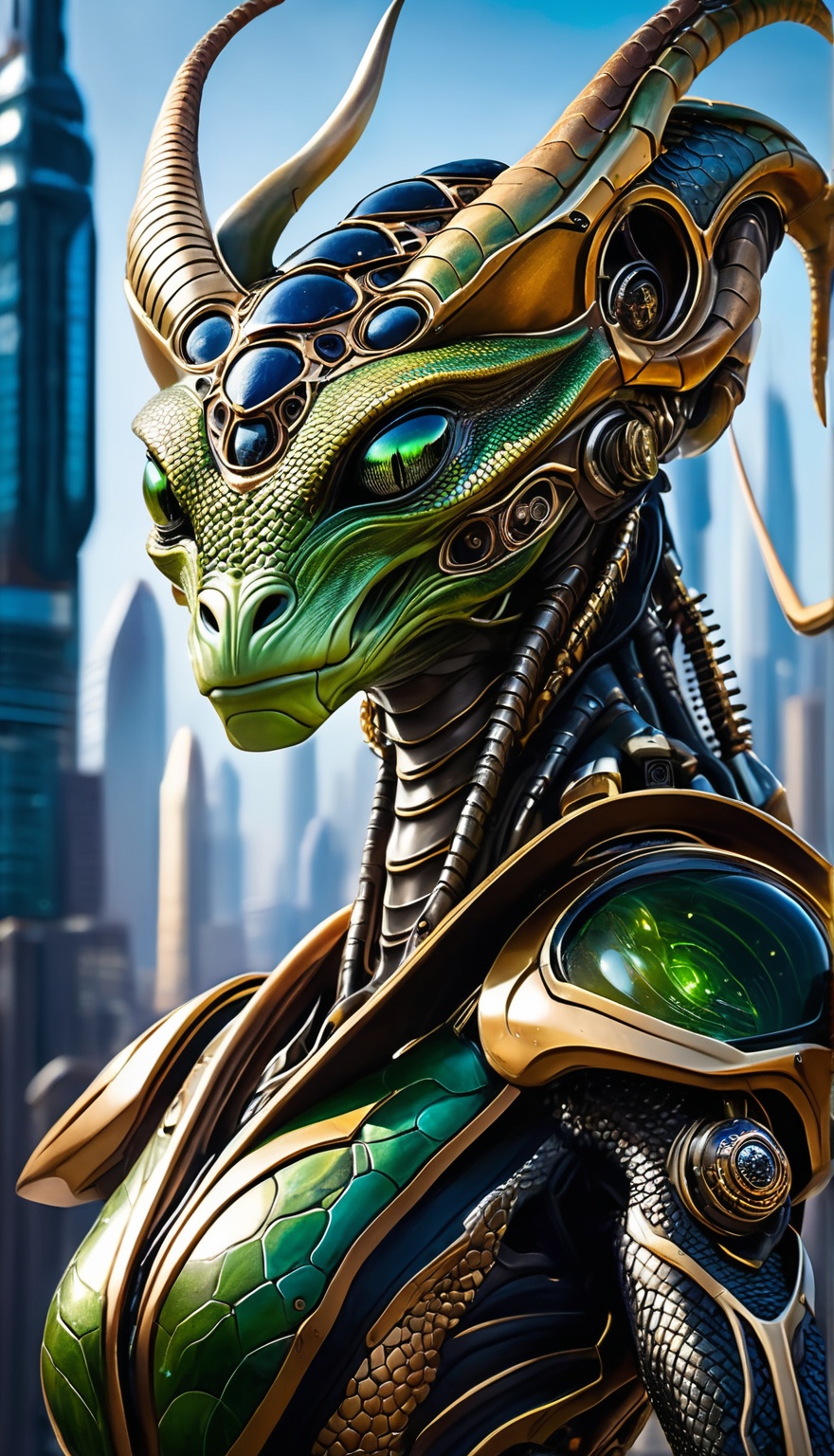 A close-up shot frames the alien droid's reptilian face,  scales glistening under sharp lighting that accentuates piercing...