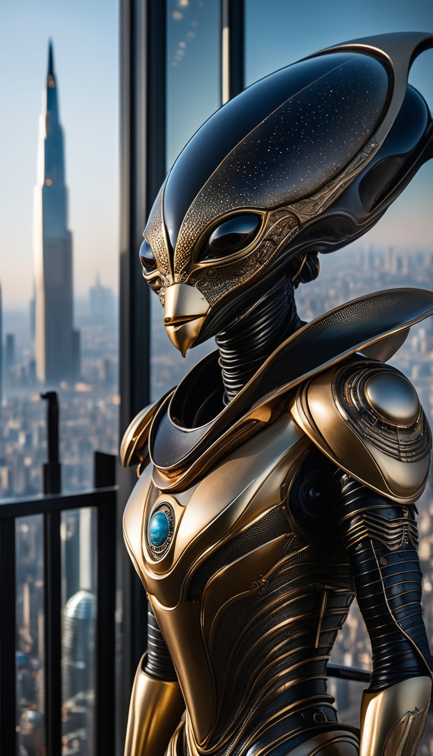 A majestic extraterrestrial automaton stands imposing against the radiant metropolis skyline,  its scaly visage a mask of...
