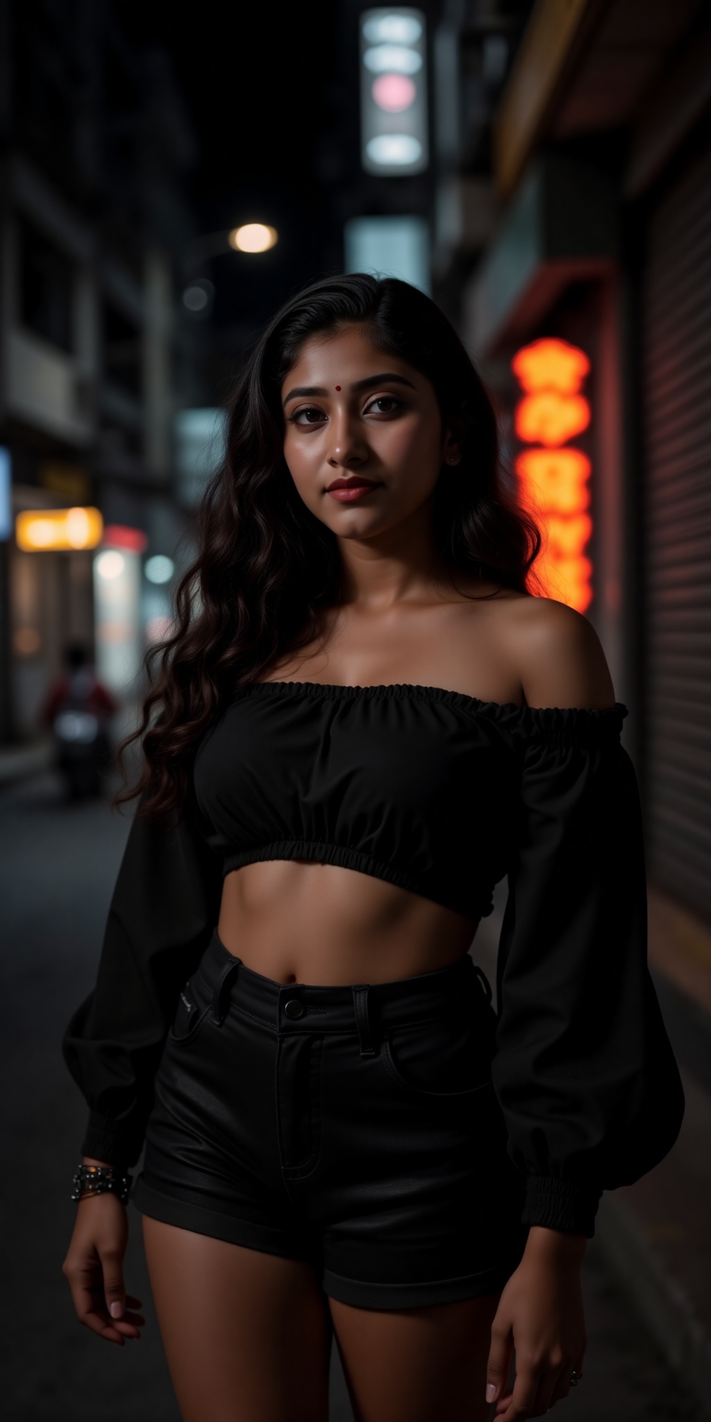 Indian woman A young woman with light brown skin and dark wavy hair stands in a narrow dimly lit Asian street at night. Sh...