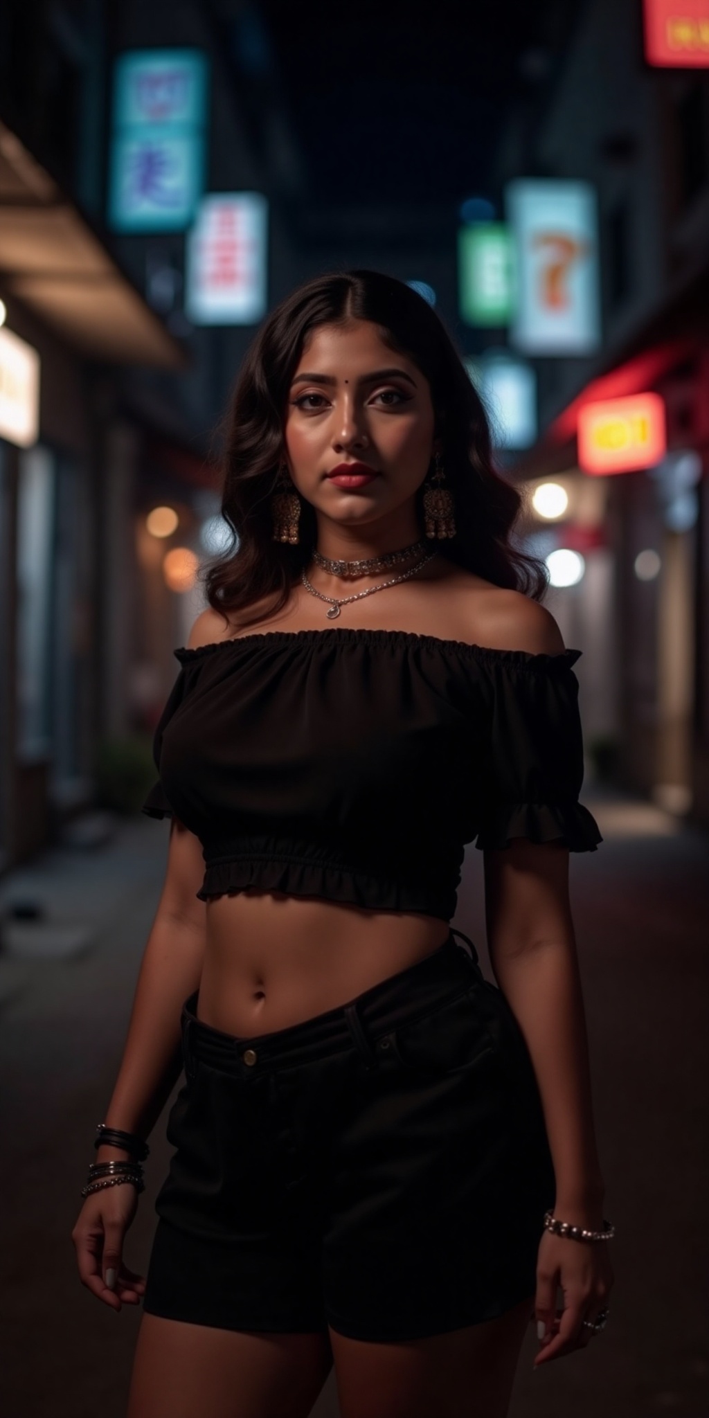 Indian woman A young woman with light brown skin and dark wavy hair stands in a narrow dimly lit Asian street at night. Sh...