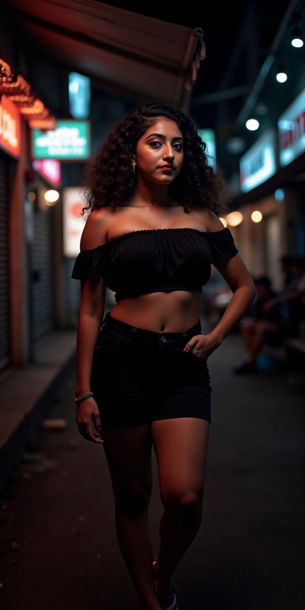Indian woman A young woman with light brown skin and dark wavy hair stands in a narrow dimly lit Asian street at night. Sh...