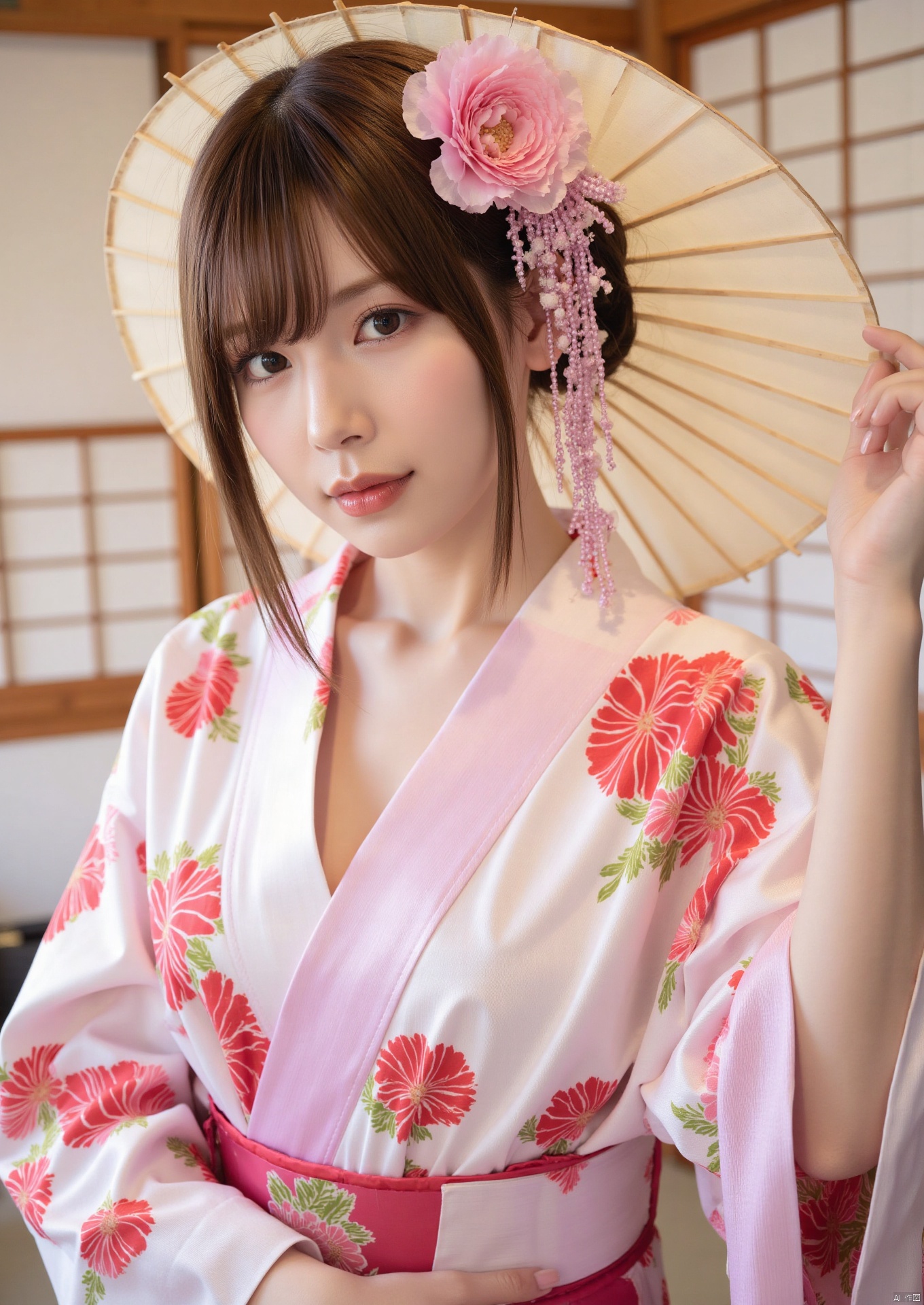 Realistic photos, 1girl, fair skin, big breasts, oiran headdress, (wearing Japanese kimono), beautiful and sexy, upper body, Japanese scene,