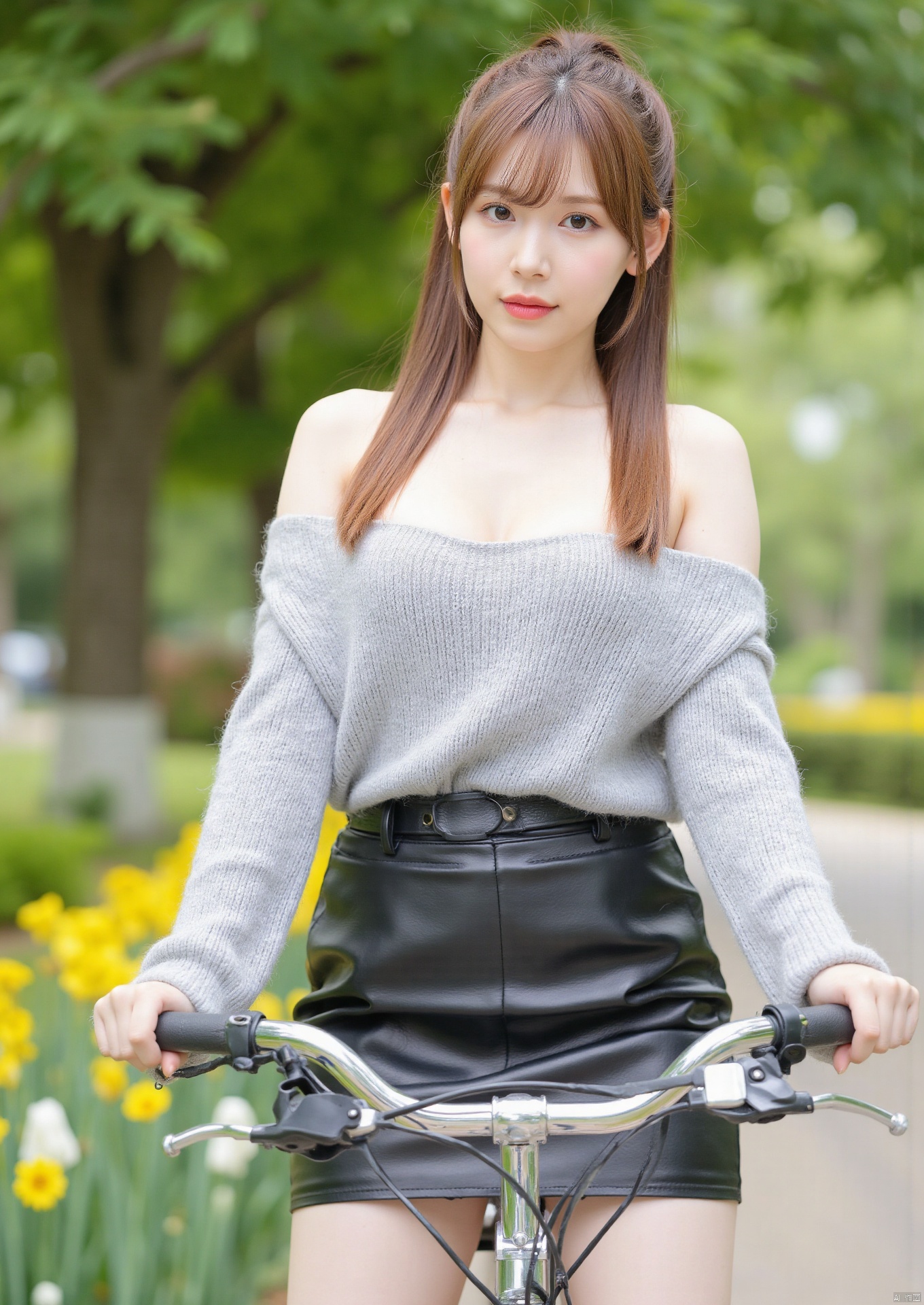Realistic photo, 1girl, big eyes, ponytail, fair skin, huge breasts, off shoulder sweater, short leather skirt, upper body, park, flowers, (riding a bicycle),