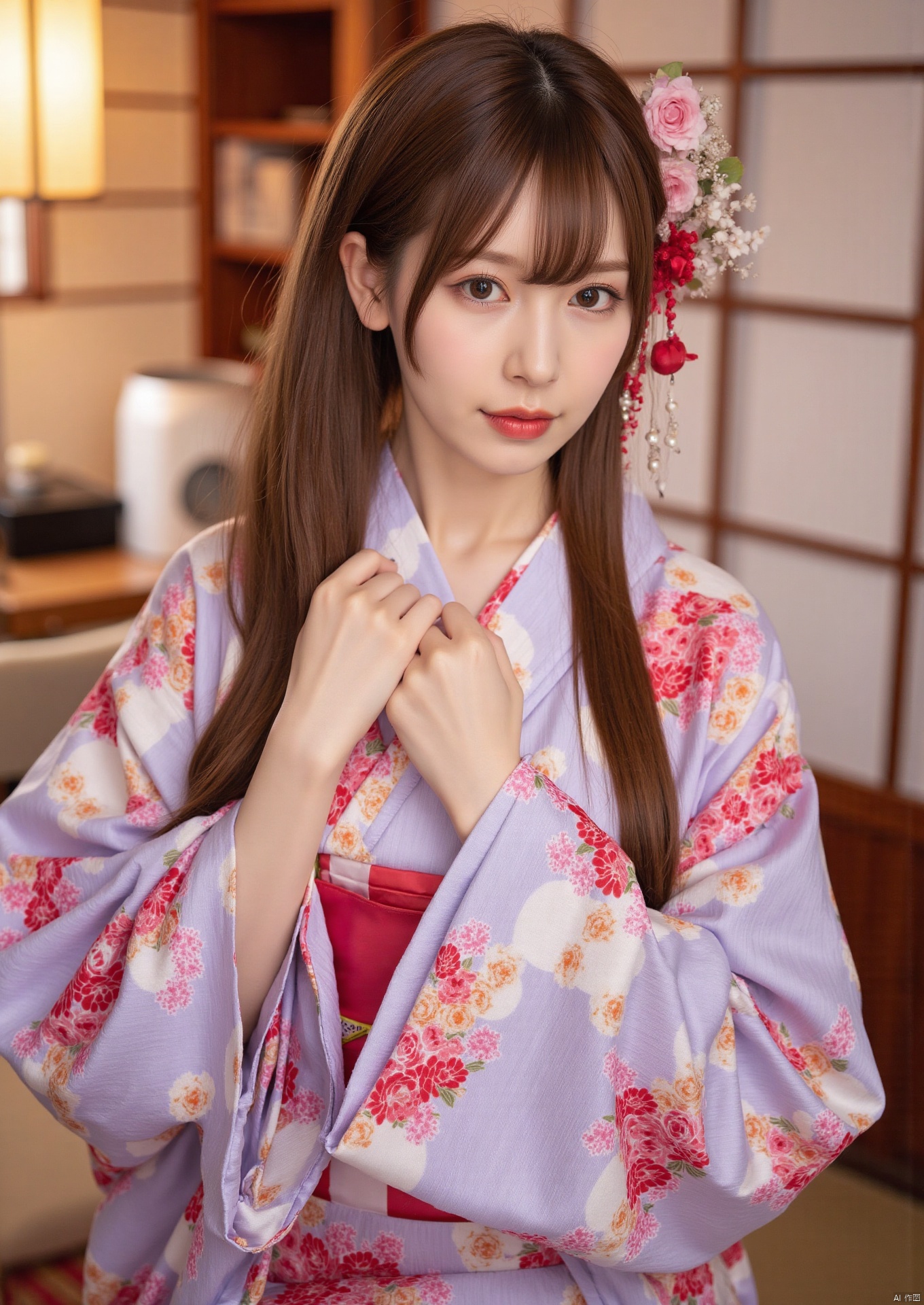 Realistic photos, 1girl, fair skin, big breasts, oiran headdress, (wearing Japanese kimono), beautiful and sexy, upper body, Japanese scene,