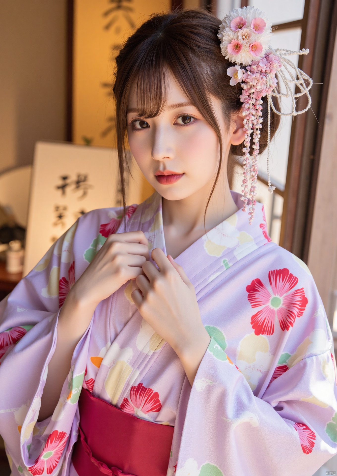 Realistic photos, 1girl, fair skin, big breasts, oiran headdress, (wearing Japanese kimono), beautiful and sexy, upper body, Japanese scene,