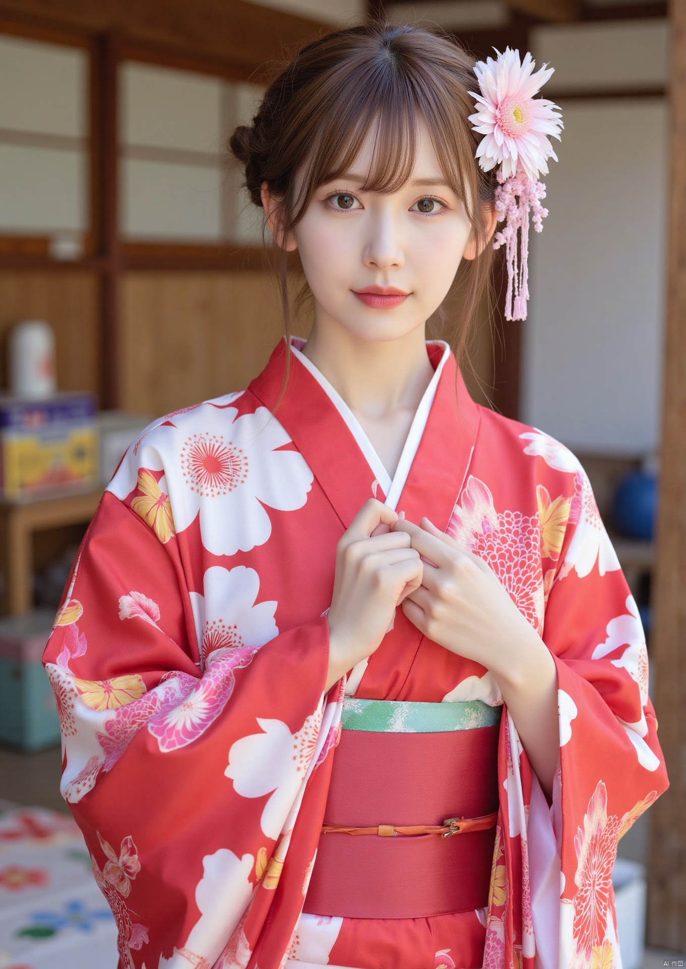 Realistic photos, 1girl, fair skin, big breasts, oiran headdress, (wearing Japanese kimono), beautiful and sexy, upper body, Japanese scene,